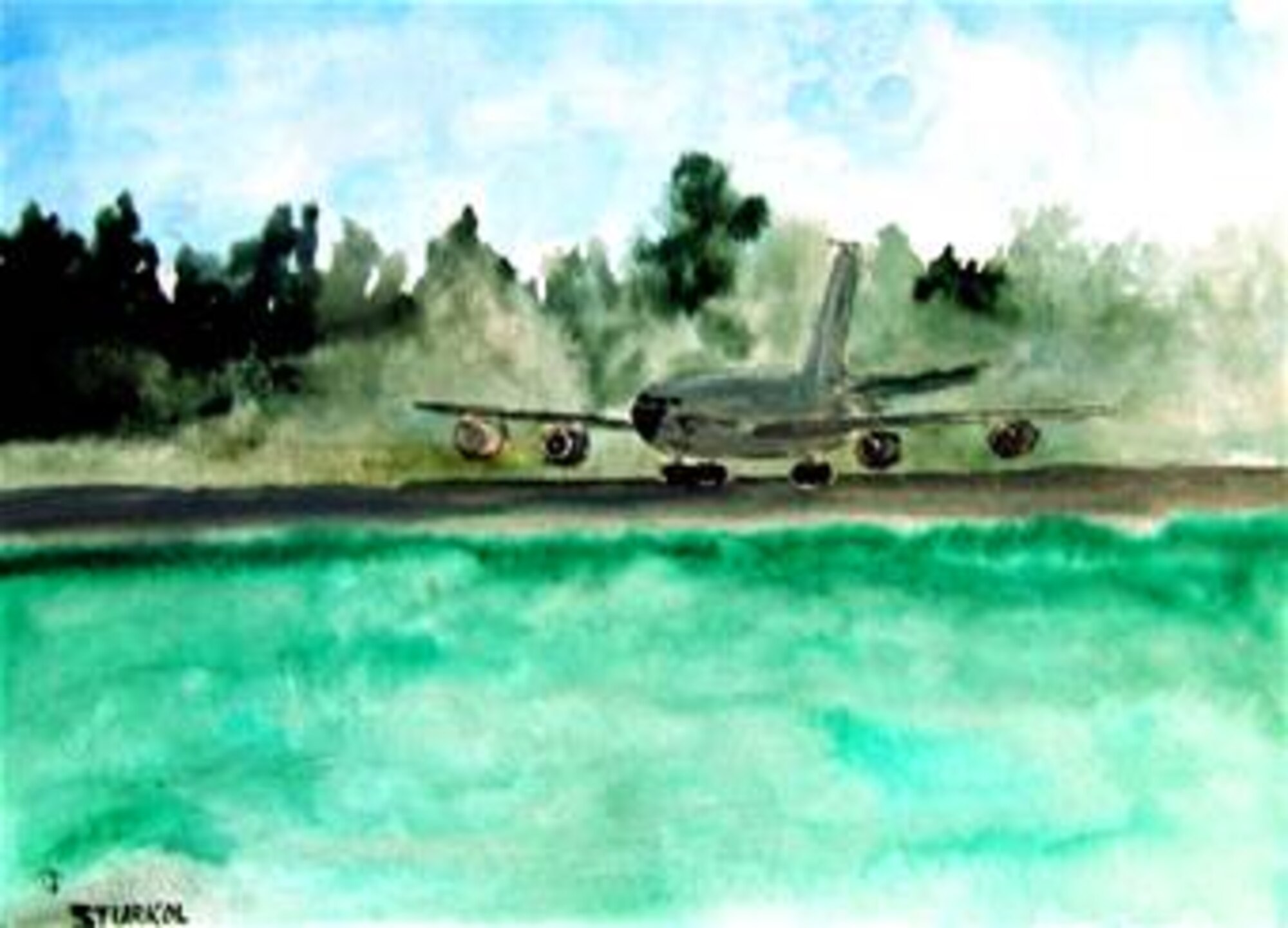 This watercolor painting shows a KC-135R Stratotanker taking off for a mission for Air Mobility Rodeo 2007 at McChord Air Force Base, Wash., on July 25, 2007.  (Art by Tech. Sgt. Scott T. Sturkol)