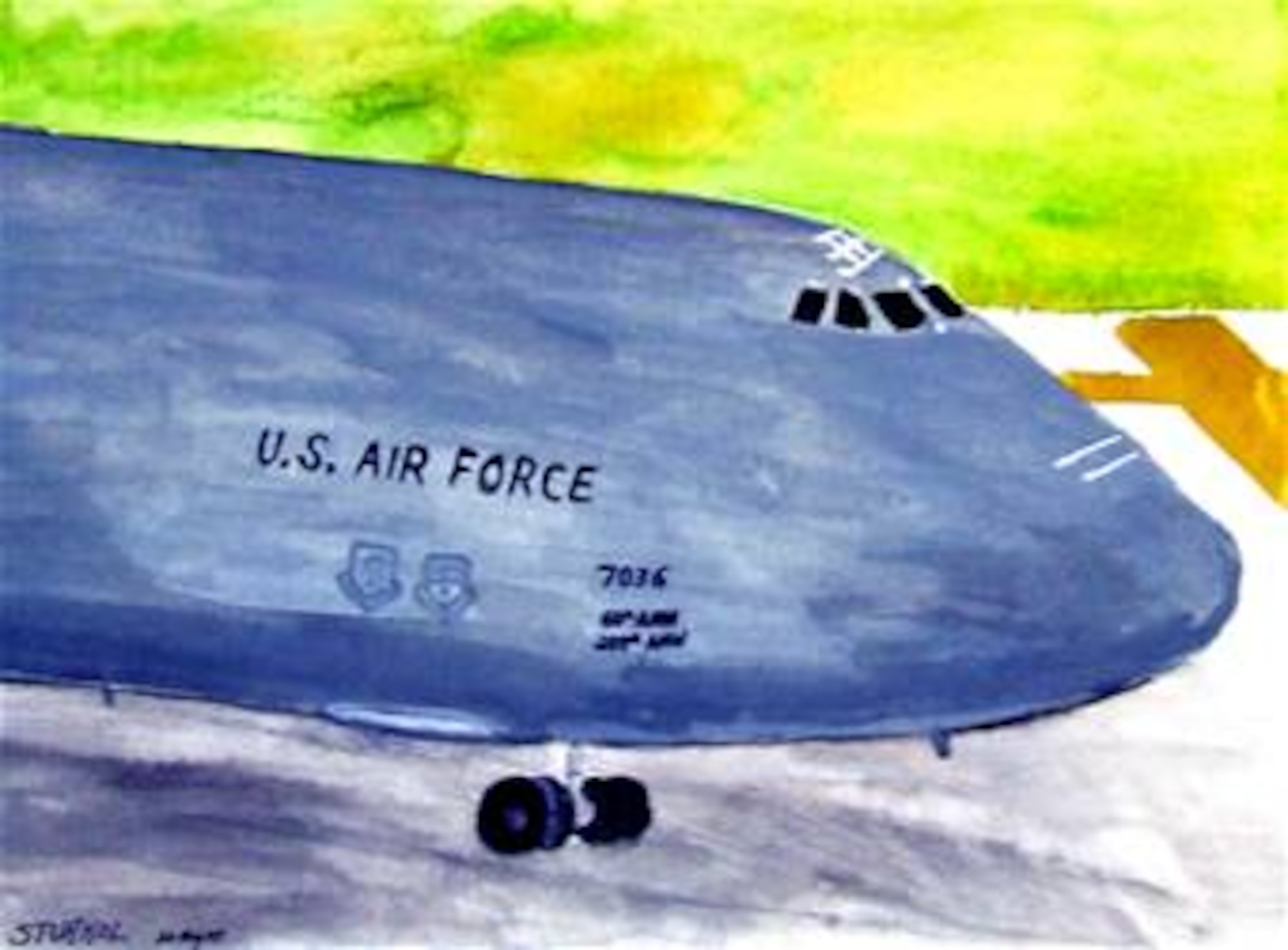 This watercolor painting of a C-5 Galaxy from Travis Air Force Base, Calif., catches the plane as it taxis down the runway for a mission for Air Mobility Rodeo 2007 at McChord AFB, Wash., on July 25, 2007.  (Art by Tech. Sgt. Scott T. Sturkol)