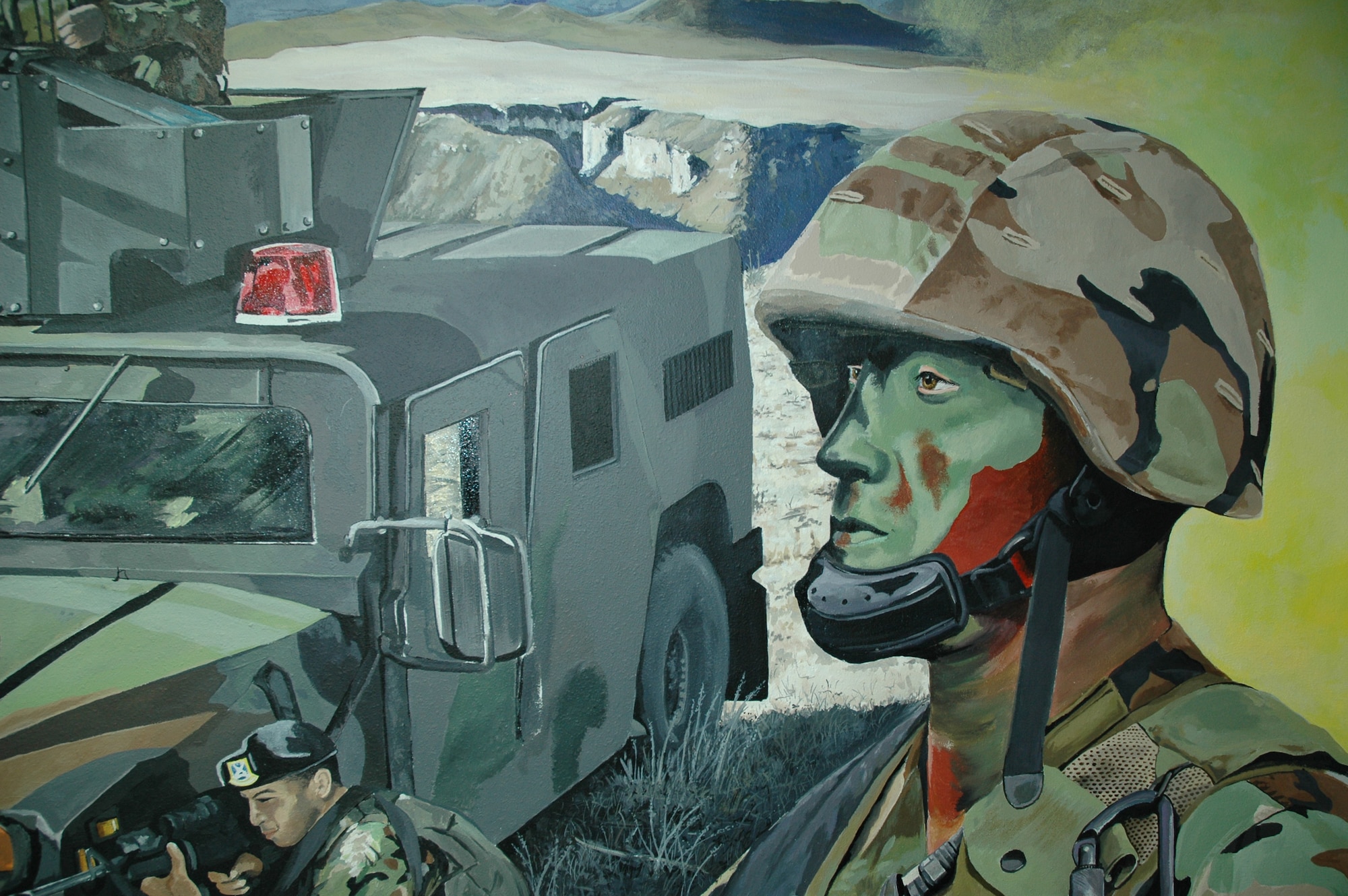 Security Forces members on duty are depicted in a mural painted by Bob Stillwell, 341st Communications Squadron graphic illustrator. It is located in the headquarters building near the 341st Security Forces Group’s command suite at Malmstrom Air Force Base. The retired Air Force senior master sergeant received some help from his son, Bob, and 11-year-old grandson, Logan. Mr. Stillwell has devpted 182 hours of work into the mural and expects to be finished in about 20 more hours. Bob’s son is planning to return in November so the duo can paint a mural of 341st Security Forces Group Tactical Response Force members on an adjacent wall. (U.S. Air Force photo/Airman 1st Class Dillon White)


