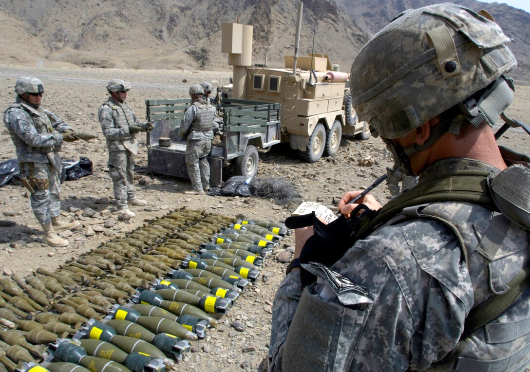 Air Force explosive ordnance disposal specialists ready ammunition for a controlled detonation Sept. 1 at Forward Operating Base Mehtar Lam, Afghanistan. Nearly 900 pounds of small arms ammunition, rocket-propelled grenades and mortars were turned in by provincial citizens. (U.S. Air Force photo/Master Sgt. Jim Varhegyi) 