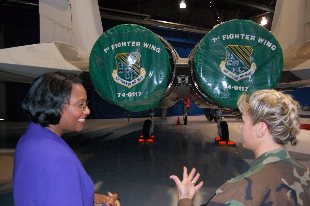 Dr. Cassandra Herring, dean of the College of Education and Continuing Studies at Hampton University speaks with Maj. Caroline Miller, 1st Mission Support Squadron commander, here Sept. 6. Dr. Herring and several other faculty members met with the commander to renew the university’s memorandum of understanding and discuss the educational partnership between Langley and the university. (U.S. Air Force photo/Airman 1st Class Chase DeMayo)