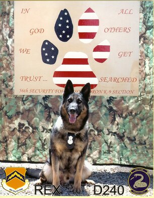 Rex, 56th Security Forces Squadron military working dog, poses for a photo at the 56th SFS kennel. Rex has been nominated for the Maricopa County Friends of Animal Care and Control Hero Award. (Courtesy photo)