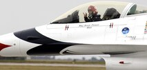 MINOT AIR FORCE BASE, N.D. – Maj. Scott Poteet, U.S. Air Force Thunderbirds pilot, taxis down the runway after landing here Sept. 6. The Thunderbirds, along with several other acts, will perform during Northern Neighbors Day, the base’s annual open house Sept. 8. Admission and parking is free and the base opens to the public at 8:30 a.m.  (U.S. Air Force photo by Senior Airman Christopher Boitz)