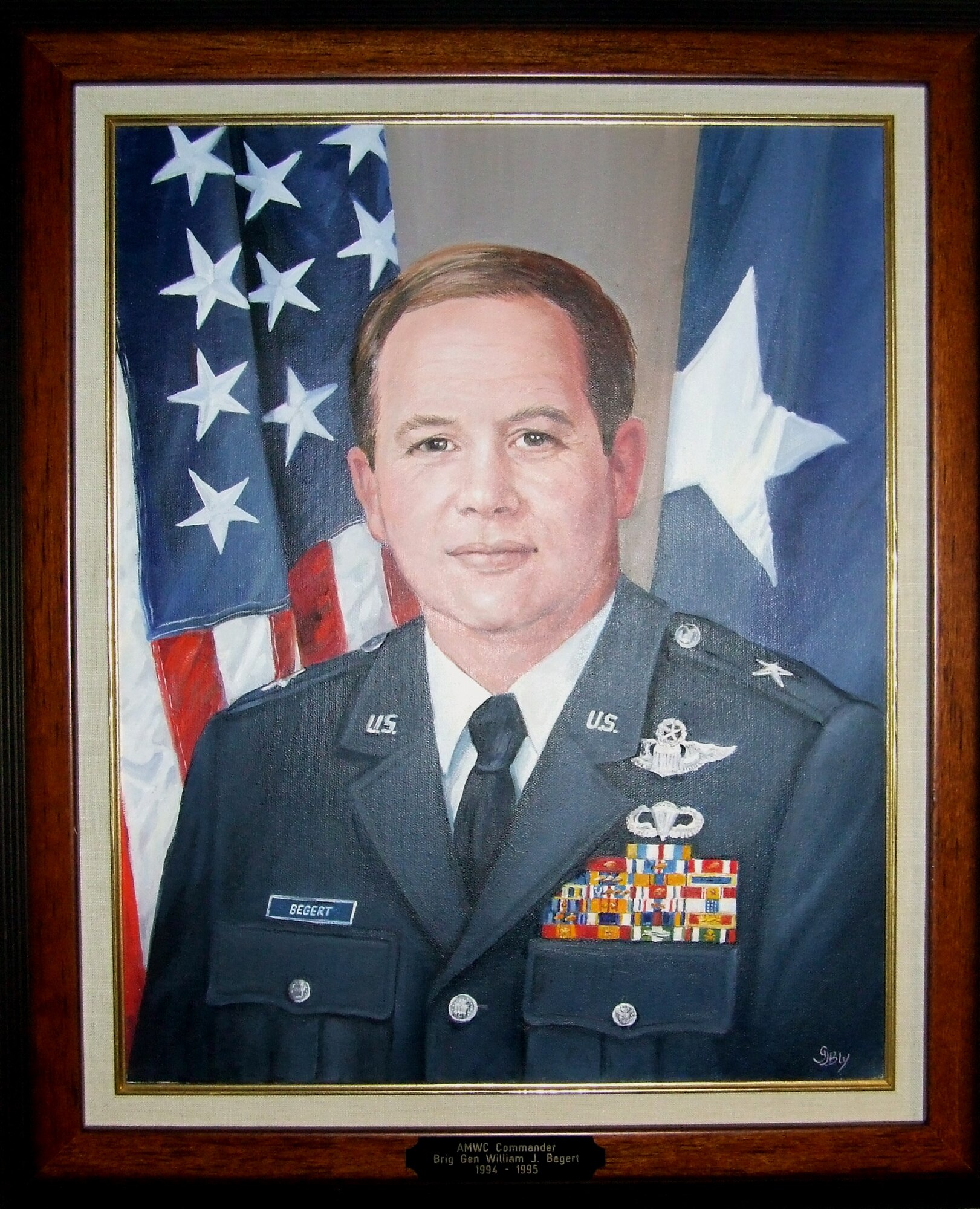 This portrait of Brig. Gen. William Begert, the first commander of the Air Mobility Warfare Center, now named the U.S. Air Force Expeditionary Center, hangs on the walls of the Center on Fort Dix, N.J.  General Begert, along with his wife Judy, was responsible for bringing a large collection of art from the Air Force Art Program to the Center when he became commander in 1994.  The Center holds Air Mobility Command's second largest collection of Air Force art on display.  (U.S. Air Force Photo/Tech. Sgt. Scott T. Sturkol)