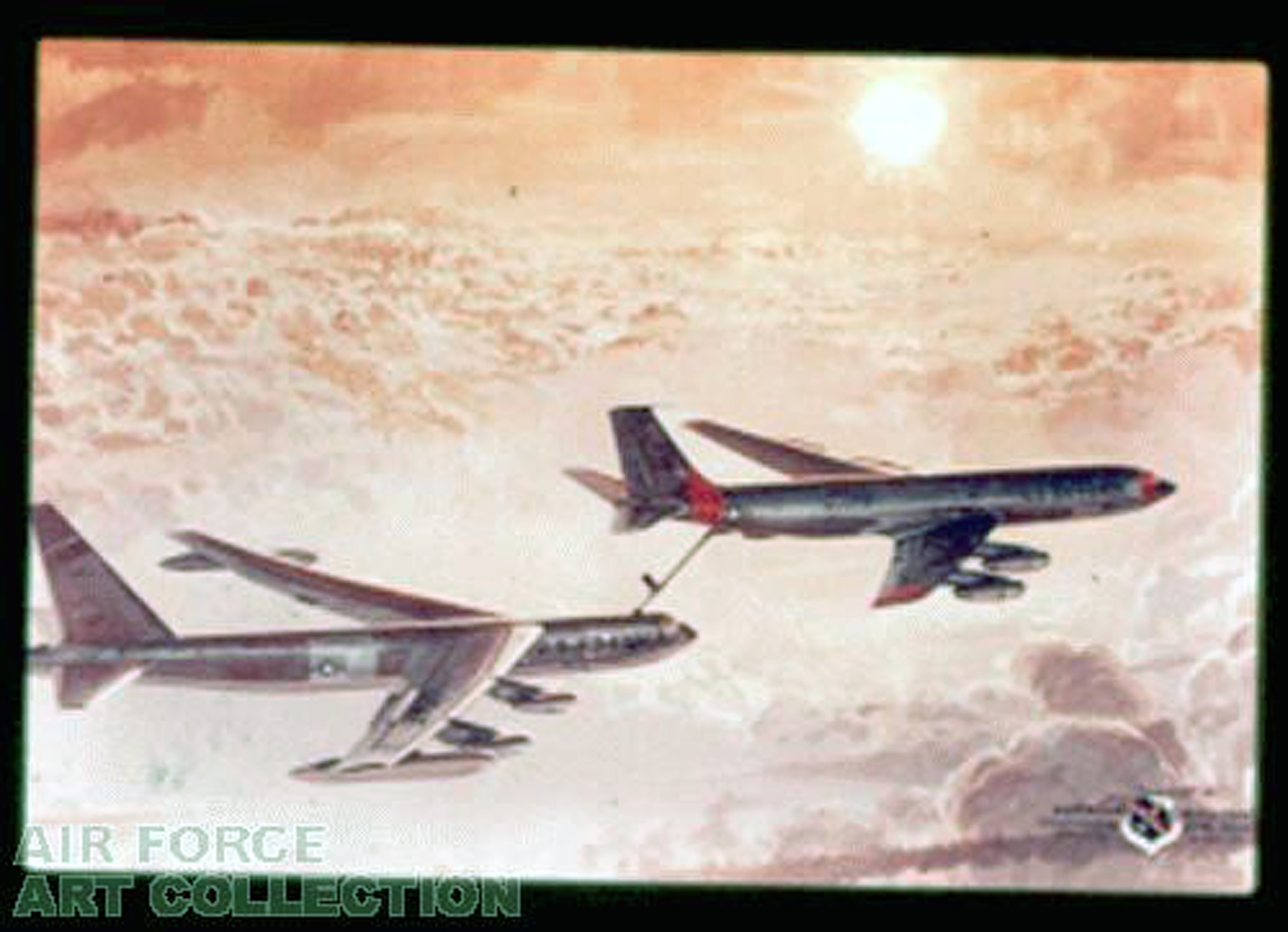 This 1963 painting by artist Keith Ferris, entitled "Sunset Refueling at 30,000 Feet," featuring a B-52 Stratofortress and a KC-135R Stratotanker, was the third painting Mr. Ferris donated to the Air Force Art Program.  Mr. Ferris has officially been an aviation artist since the year the Air Force became a service in 1947, and has been one of the longest participating artists in the program since it began in 1950.  (U.S. Air Force Photo)