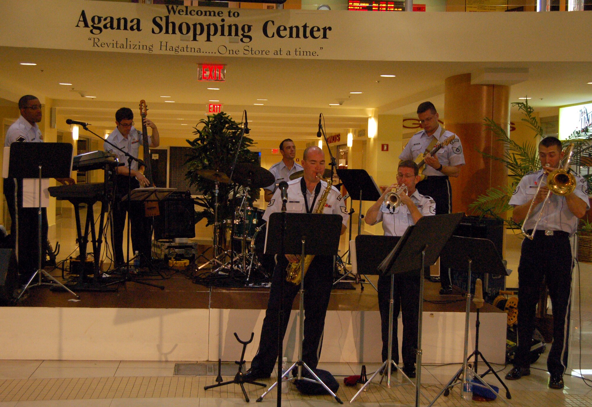 Members of the Air Force Band of the Pacific’s Alaskan Express perform at the Agana Shopping Center Sept. 6 during Air Force Week. The Alaskan Express has performed at various locations around Guam, including Chamorro Village Sept 5. The band will also play during Andersen's Air Force Ball at Hilton Guam Resort and Spa Sept. 8.

Air Force Week's purpose is to raise public awareness of the service's operations and capabilities, showcase its Airmen, and thank local citizens for their heartfelt support of its men and women over the Air Force's 60-year history. 