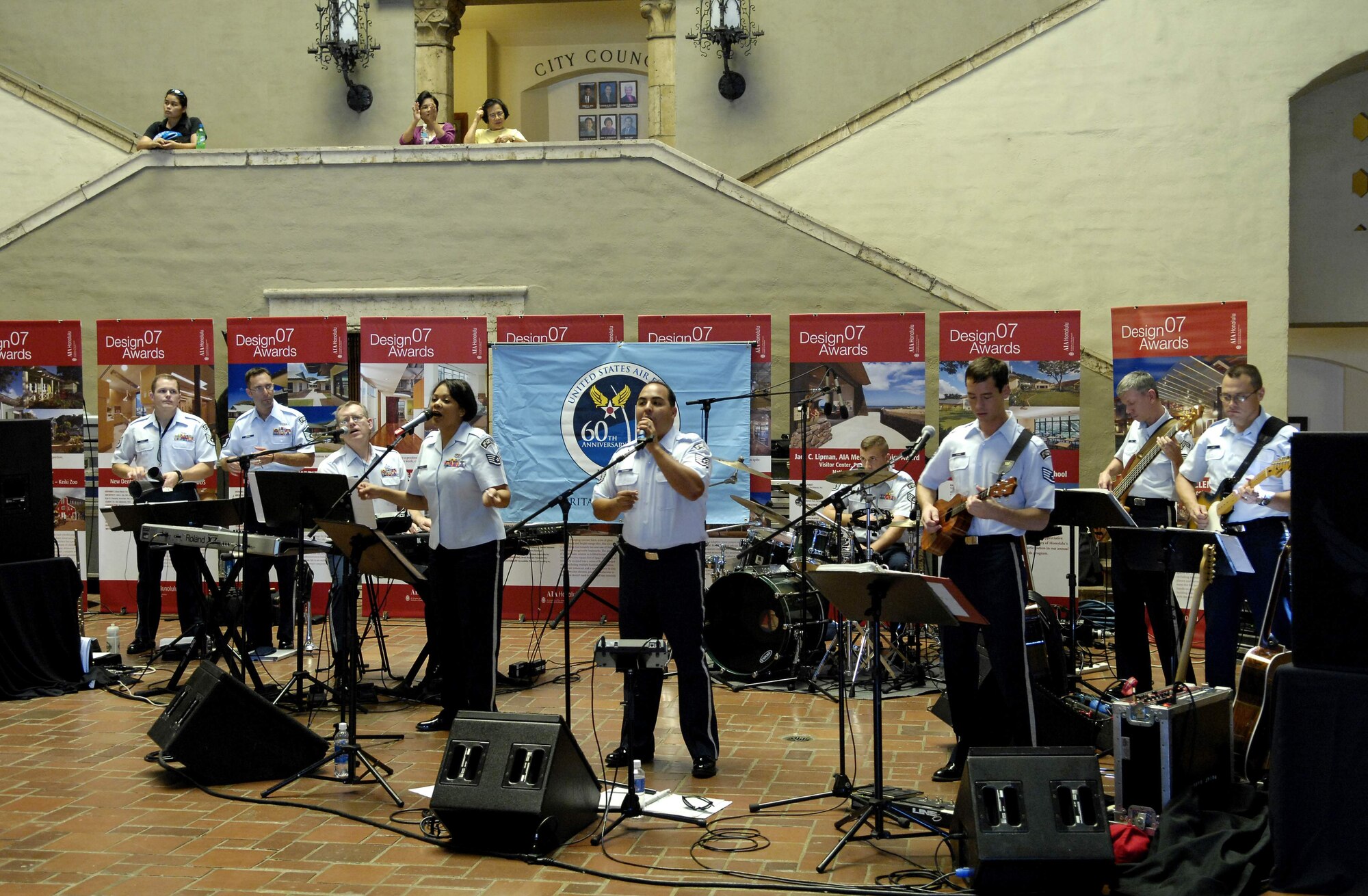 Members from the Air Force Band of the Pacific Hana Hou perform prior to the Air Force Week proclamation announcement Sept. 9 at the Honolulu Hale in Hawaii. Mufi Hannemann, mayor for the city and county of Honolulu, proclaimed Sept. 7 through 15 as Air Force Week in Honolulu. (U.S. Air Force photo/Tech. Sgt. Shane A. Cuomo)