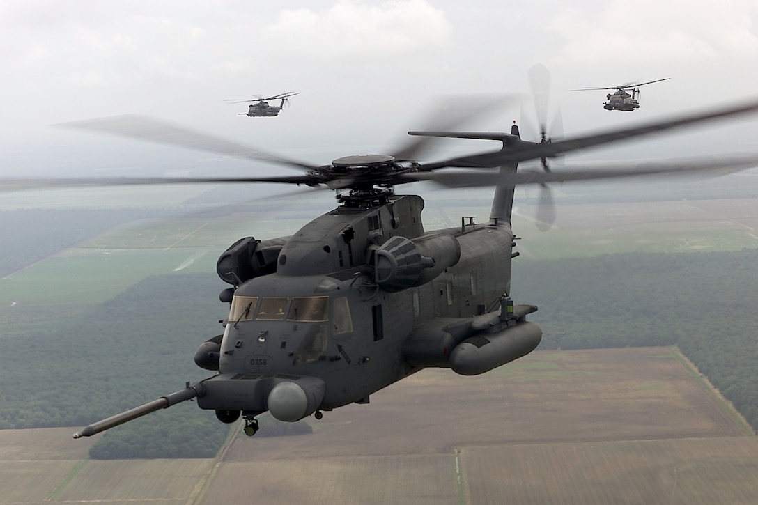 An MH-53 PAVE LOW like the one seen here crashed near Duke Field, Fla., at approximately 11:45 p.m. Friday, Sept. 7. Two were injured in the crash, while the remaining five aircrew were unhurt. (File photo)