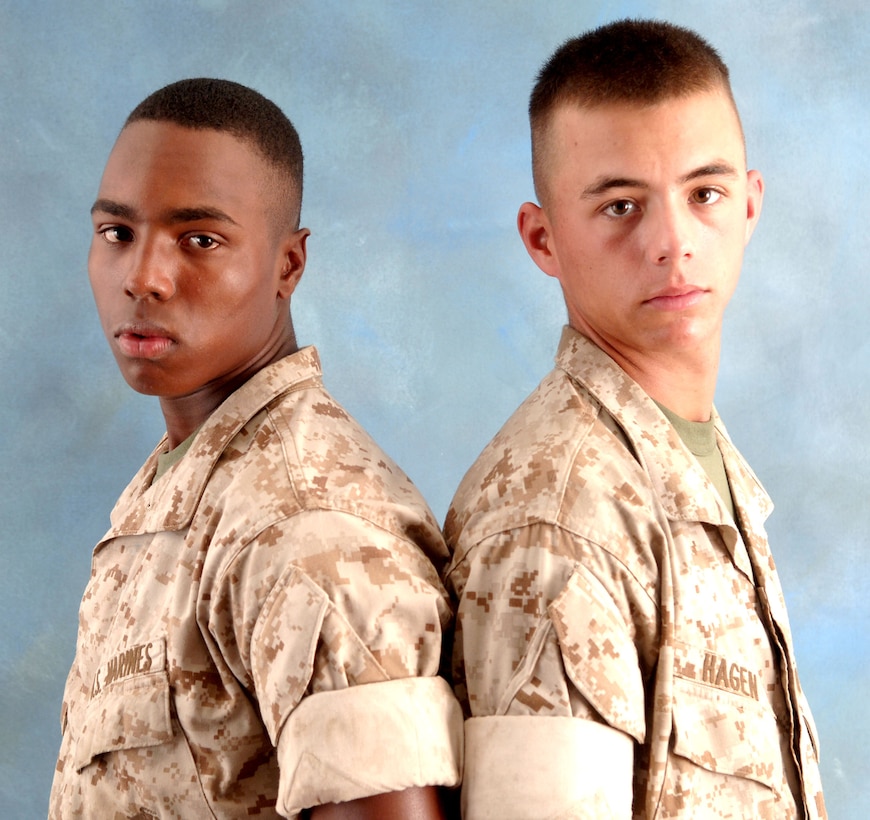 Timothy Hagen, right, and adopted brother Ryan Hagen, Platoon 2101, Company E, experienced rough childhoods, but were determined to join the Marines. They dreamed of becoming Marines since age 10, and today they accomplished that goal.