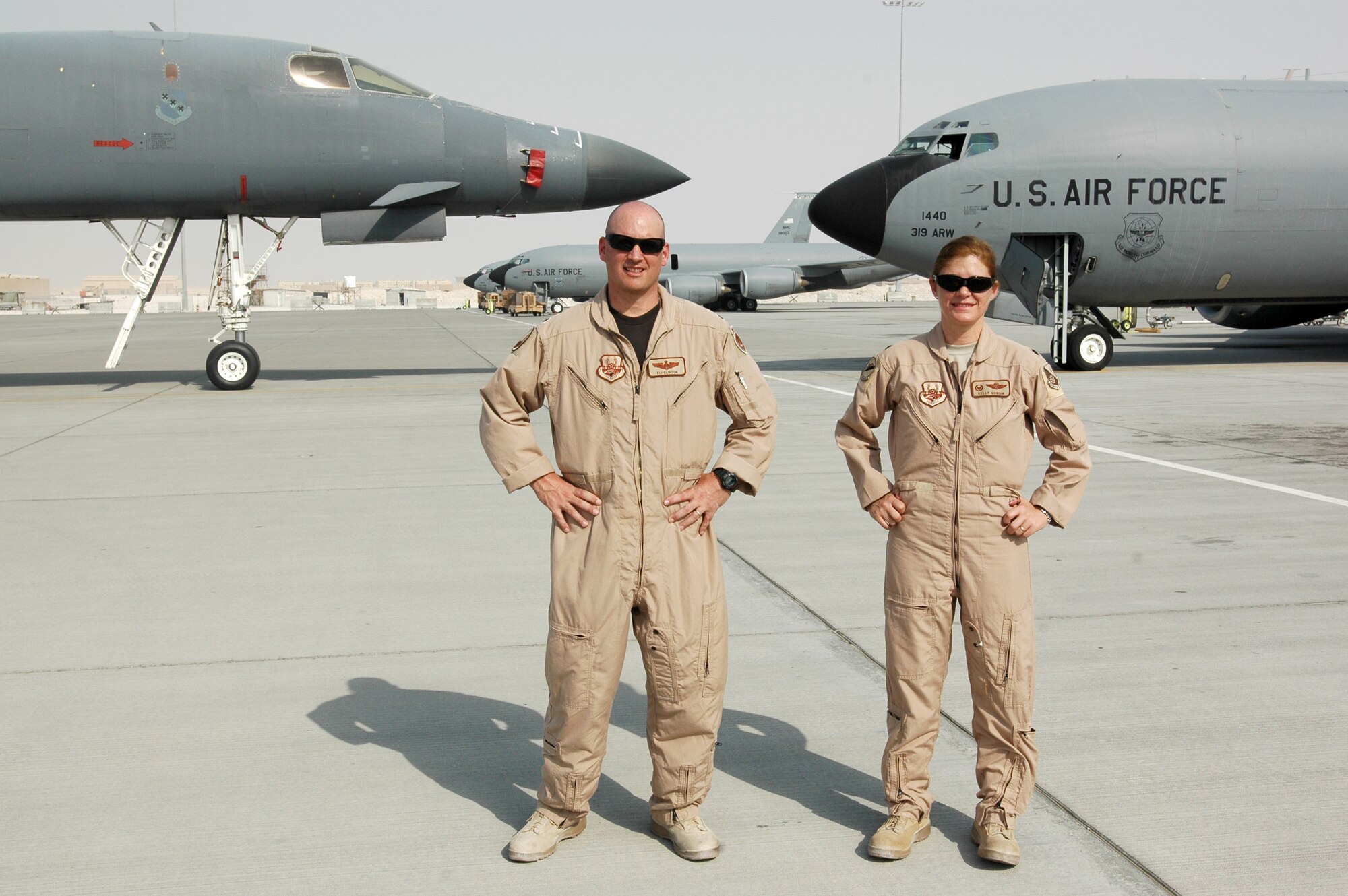 Cadets to commanders: Lt. Col. Michael Eliason (left) and Lt. Col. Kelly Goggin command the bomber and tanker squadrons here. During the last few months, the 9th EBS  has dropped more than 400 bombs. The 340th EARS has refueled more than 13,000 aircraft, providing more than 172,000 million pounds of fuel. (U.S. Air Force photo by Senior Airman Clark Staehle)