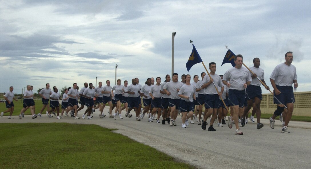 ANDERSEN AIR FORCE BASE, Guam – Gen. Douglas Owens, 36th Wing commander, leads Team Andersen during the Wing Run here Sept. 7. Andersen has a monthly Wing Run to emphasize physical training and to promote esprit de corps. (Photo by Tech. Sgt. Michael Boquette)