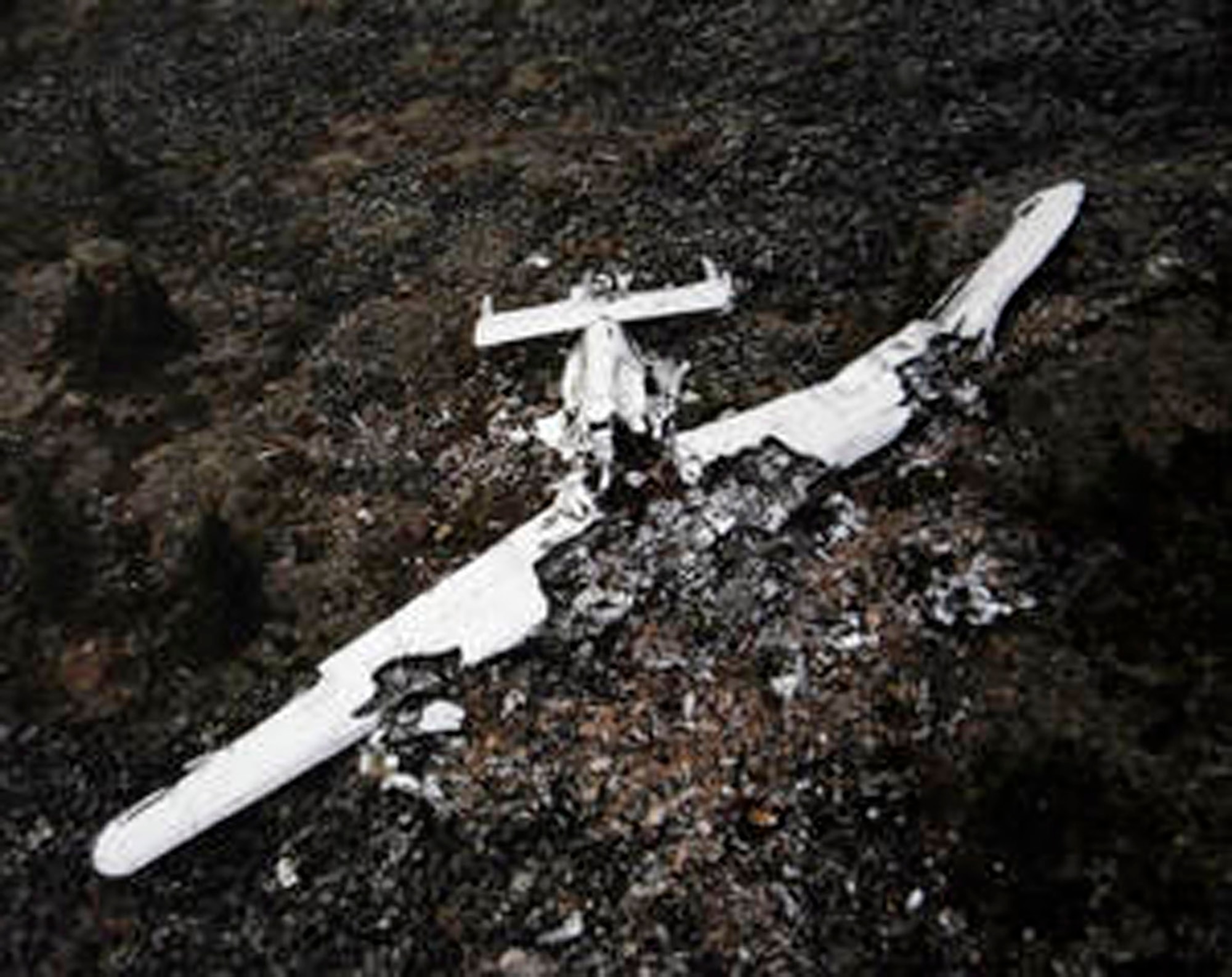 A 1943 photo shows the crash site of a B-24 Liberator, which went down in the Alaskan wilderness. The remains of 2nd Lt. Harold E. Hoskin, a World War II Army Air Force member, were recovered from the crash site in August 2006 and identified in April 2007. Lieutenant Hoskin's remains were interred Sept. 7 at Arlington National Cemetery in Virginia( Courtesy photo)