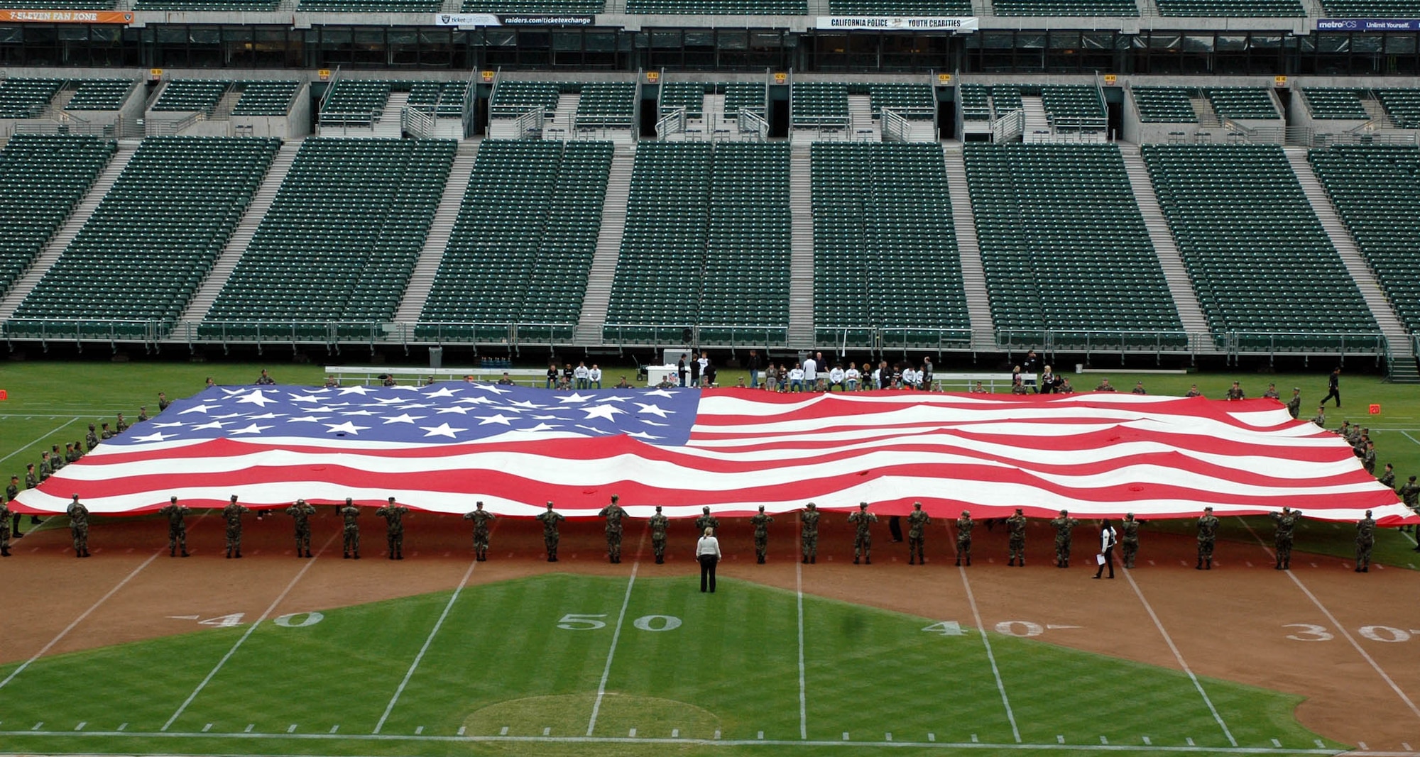 Travis Airmen practice for the Oakland Raiders/Detroit Lions pre-game ceremony in the empty McAfee Coliseum before the Oakland Raiders’ season-opening game against the Detroit Lions. (U.S. Air Force photo/Tech. Sgt. Donald Osborn)