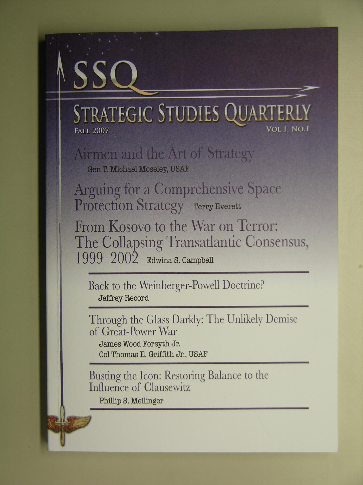 The inaugural issue of Strategic Studies Quarterly is on the streets and available for subscription via e-mail at www.af.mil/subscribe/. The journal seeks to bring together a community of critical thinkers who already work in separate intellectual communities in the nation and across the globe. About 1,400 people from around the world already subscribe to the journal electronically. Readers can also download the complete text or individual articles at www.maxwell.af.mil/au/ssq/index.asp.  