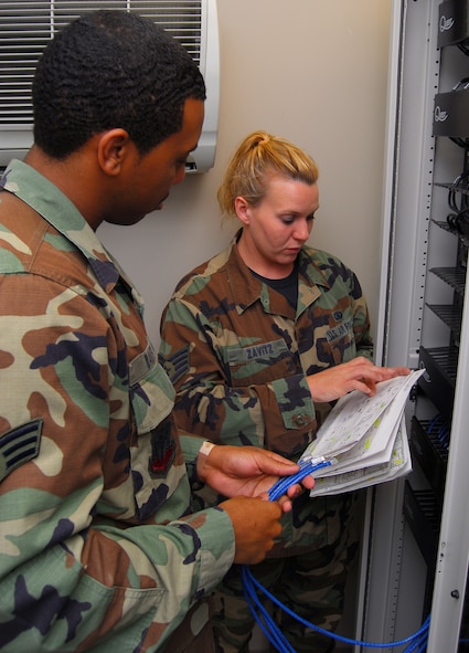 Staff Sgt. Kristi Zavitz, 23rd Communications Squadron communications project manager, discusses a communications blueprint for the Parker Greene Consolidated Base Support Center with Airman 1st Class Aaron Baker, 23rd CS network infrastructure technician, Sept 5. Sergeant Zavitz and her team were responsible for the network installation and activation at the new wing headquarters building.  (U.S. Air Force photo by Tech. Sgt. Parker Gyokeres)