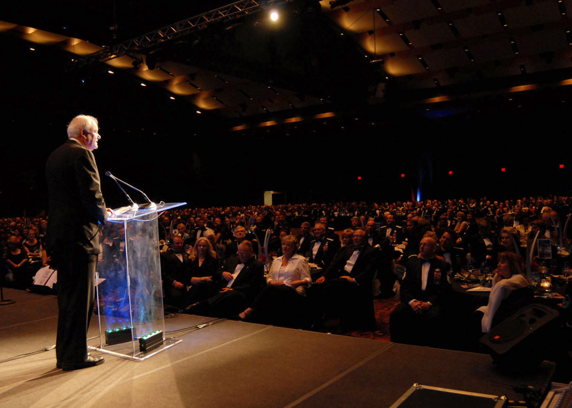 The Honorable Michael W. Wynne, Secretary of the Air Force, addresses attendees of the Air Force 60th Anniversary Ball Friday, Sept. 7, 2007 at the Henry B. Gonzalez Convention Center in San Antonio.  The event completed the 2007 Air Education and Training Command Symposium.  (U.S. Air Force photo by Melissa Peterson)