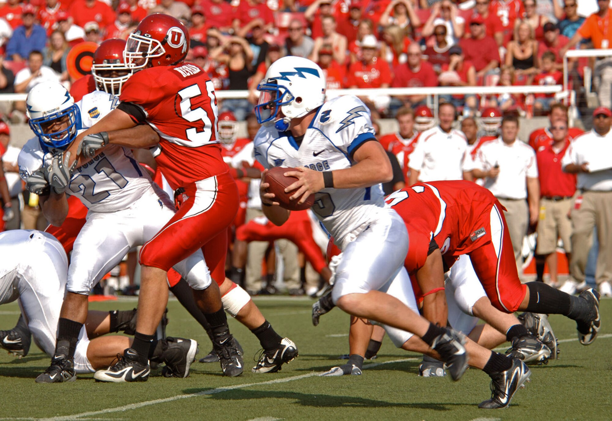 U.S. Air Force Academy Falcons senior quarterback Shaun Carney sprints on one of his 16 carries against Utah Sept. 8 in Salt Lake City. He logged a game-high 113 yards rushing in Air Force's 20-12 win at Rice-Eccles Stadium. (U.S. Air Force photo/Staff Sgt. Steve Grever)
