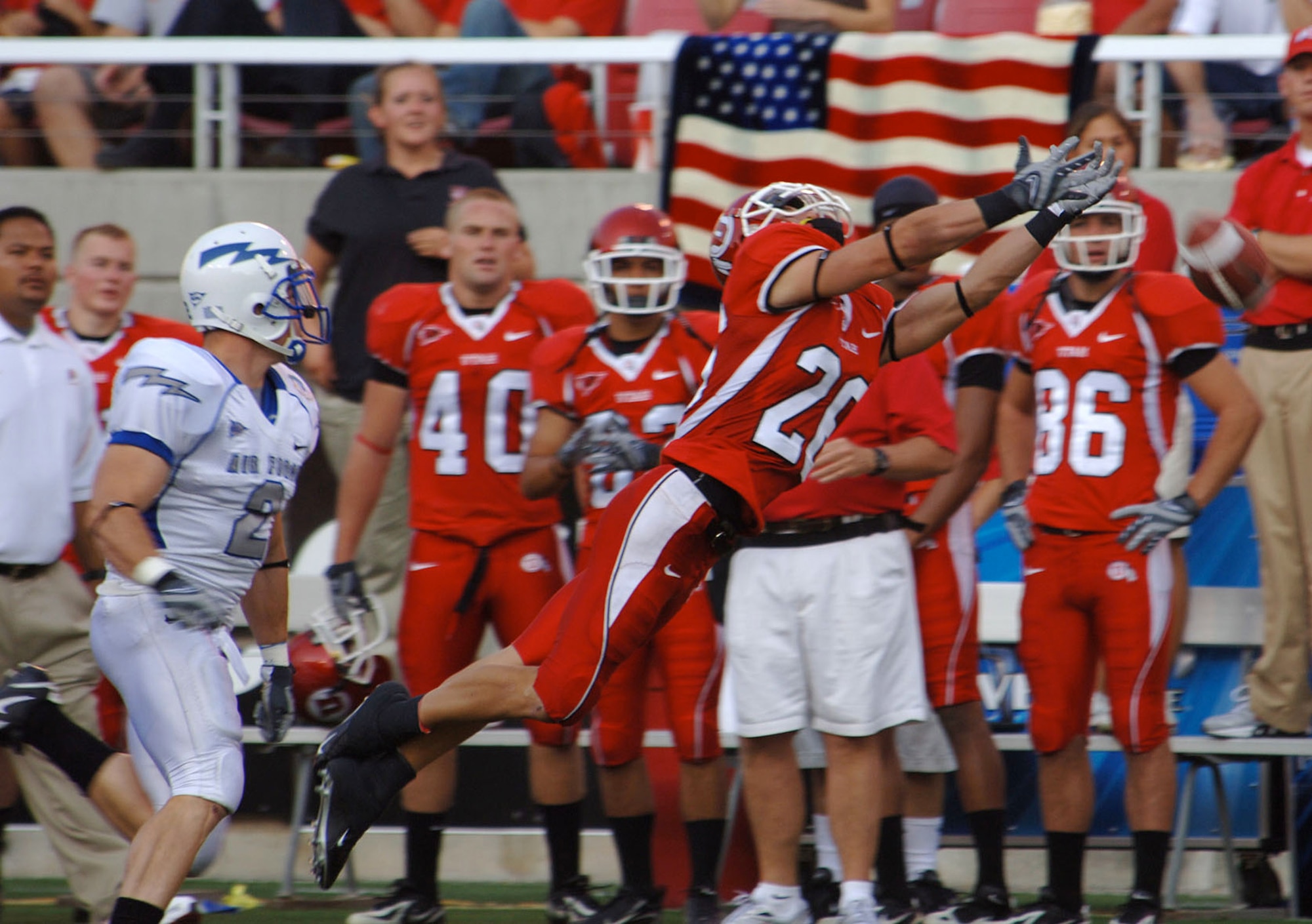 U.S. Air Force Academy Falcons senior cornerback Carson Bird watches as Utah wide receiver Derrek Richards lunges in vain for an overthrown pass during Air Force's 20-12 win Sept. 8 in Salt Lake City. (U.S. Air Force photo/Staff Sgt. Steve Grever) 
