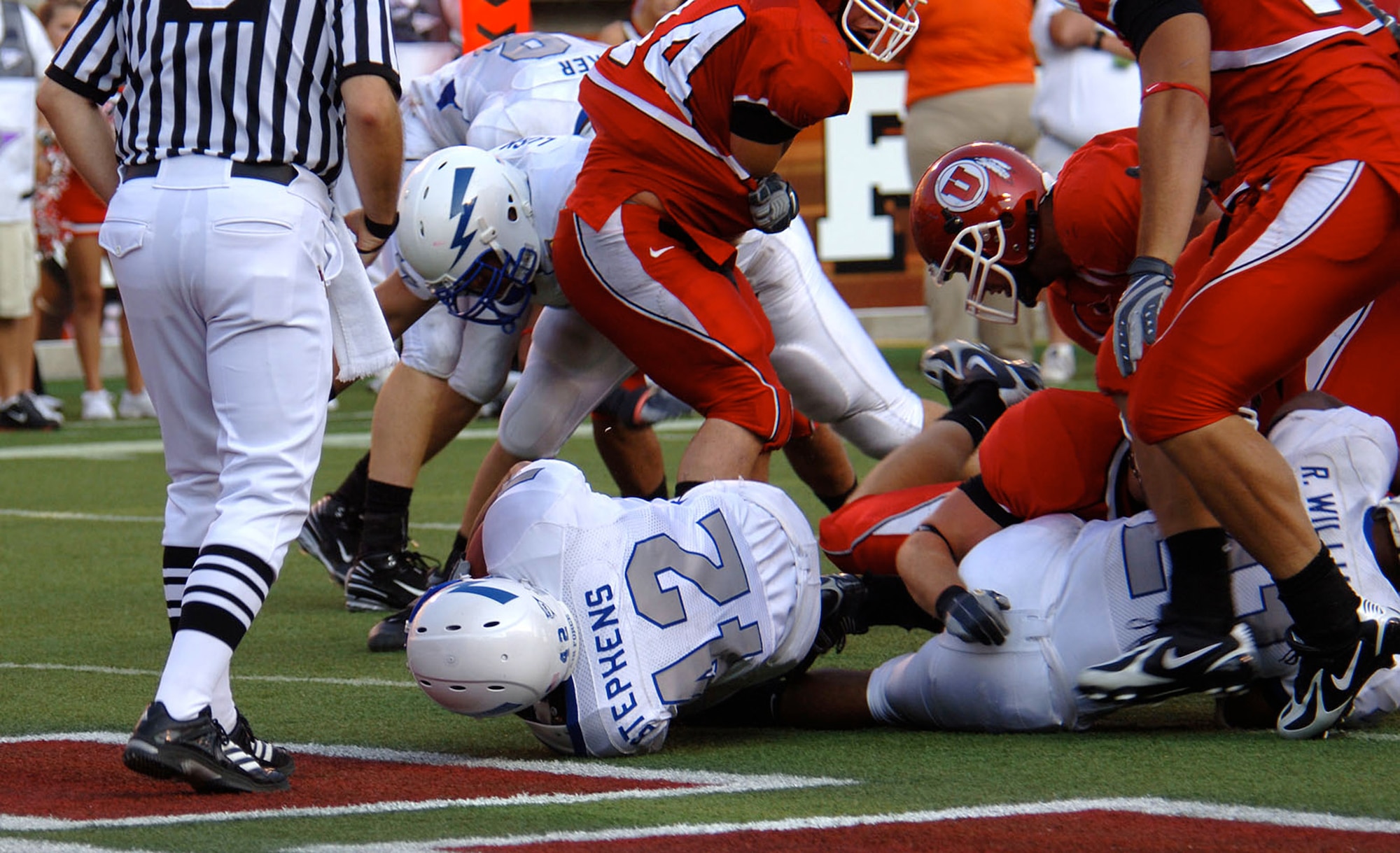 U.S. Air Force Academy Falcons freshman tailback Savier Stephens dives into the end zone for his second career touchdown Sept. 8 in Salt Lake City. He ran six times for 24 yards in Air Force's 20-12 victory. (U.S. Air Force photo/Staff Sgt. Steve Grever)
