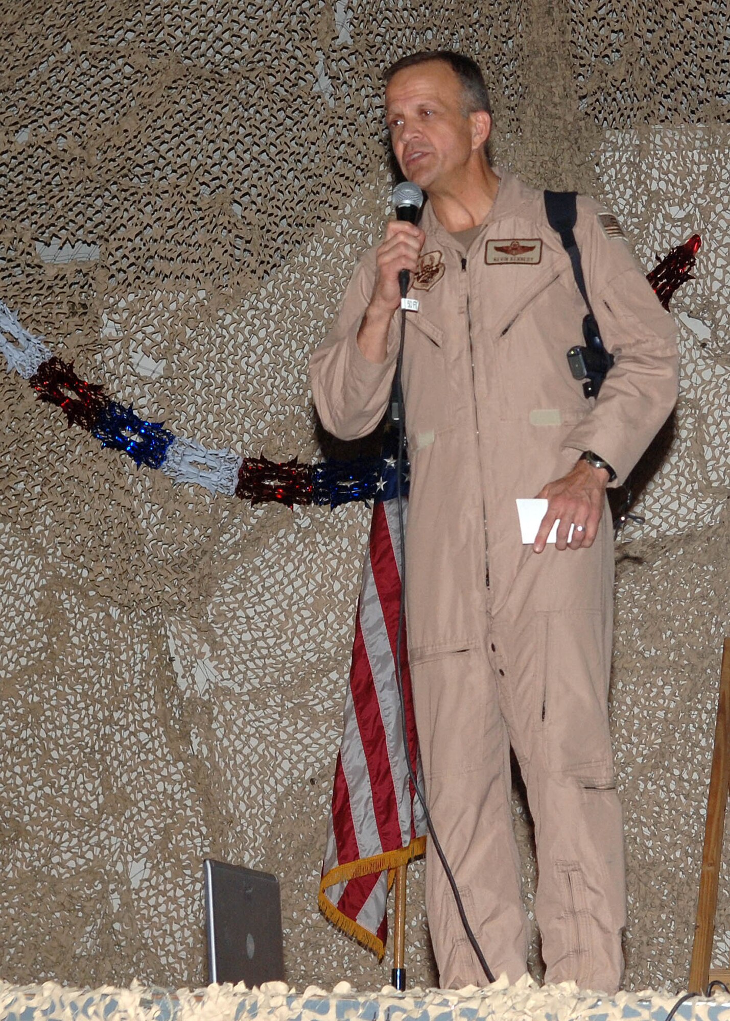 Maj. Gen. Kevin Kennedy, director of the Air Component Coordination Element, from Kabul, Afghanistan, was the guest speaker at the Air Force's 60th Anniversary Ball held at Bagram Airfield, Afghanistan, September 8. The general spoke to the Airmen of the importance of their mission and the important role they play in the heritage of the Air Force. (U.S. Air Force photo by Staff Sgt. Craig Seals)