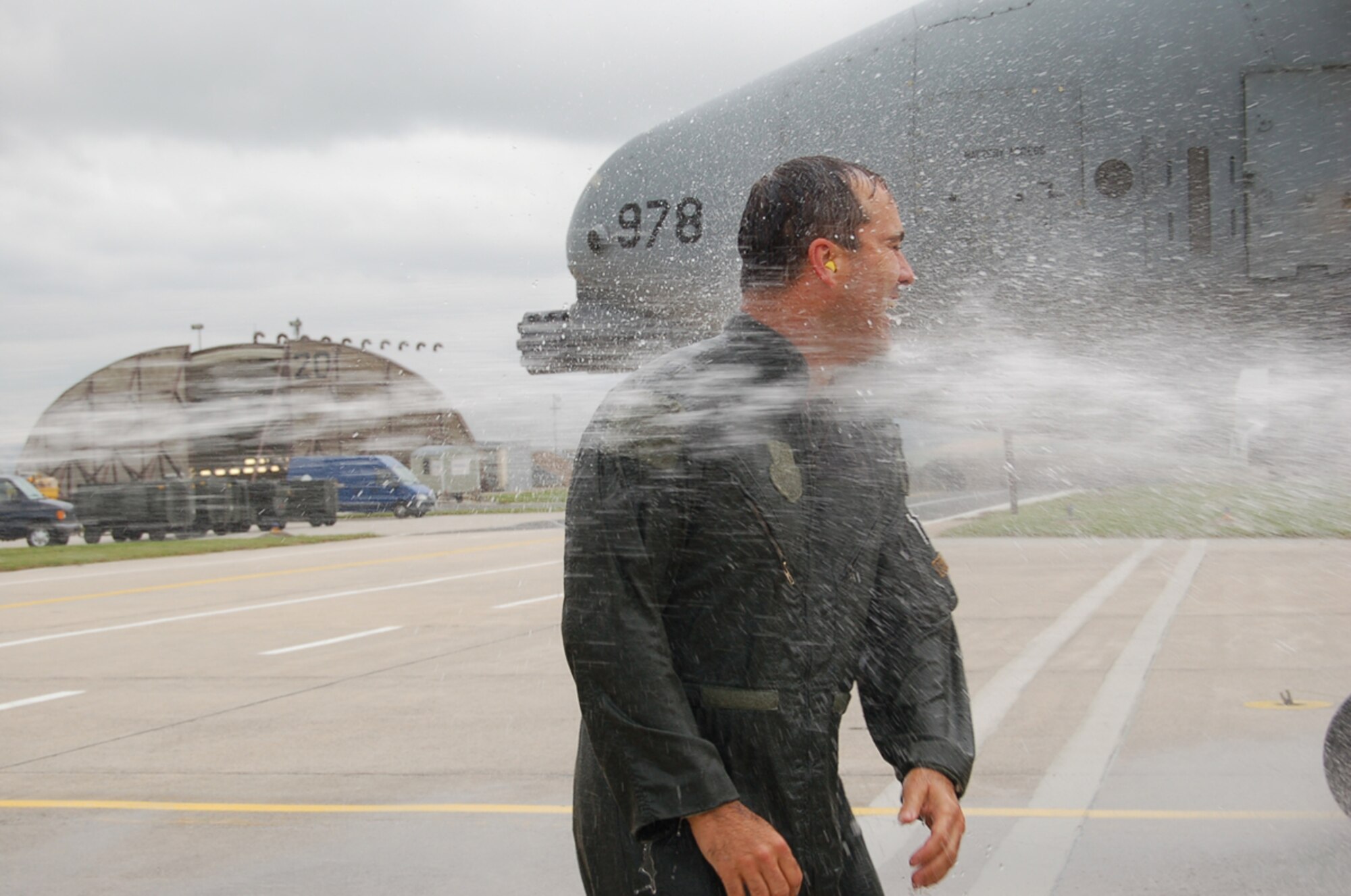 SPANGDAHLEM AIR BASE, Germany – After completing 3,000 flying hours in the A/OA-10 fighter aircraft, Lt. Col. Keith McBride was watered down when he landed at Spangdahlem Air Base’s runway Sept. 6. The former fighter squadron commander also commanded the 81st Expeditionary Fighter Squadron at Bagram Air Base, Afghanistan, from May to September 2006, engaging in 24-hour combat operations. (U.S. Air Force photo/Staff Sgt. Andrea Knudson)
