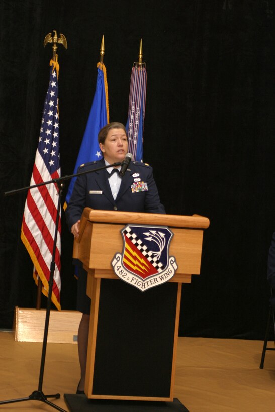 Maj. Diana Echols speaks to members of the 70th Aerial Port Squadron at a change of command ceremony Sept. 8. The major spoke to the Airmen and guests about the continuity of excellence and their shared ambitions. (U.S. Air Force photo/Tech. Sgt. Paul Dean)
