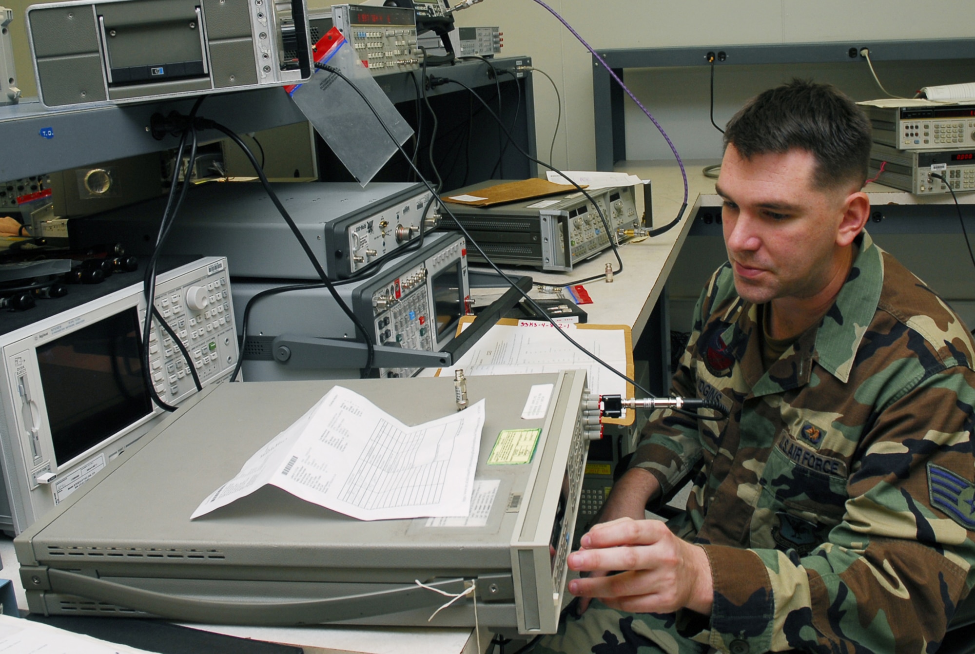 Staff Sgt. Matthew Hudgins calibrates a signal generator use for wave form generation and analysis at Kadena Air Base, Japan, Sept. 11, 2007.  The precision measurement equipment laboratory performs and manages repair, calibration, and modification of test, measurement, and diagnostic equipment standards and automatic test equipment. Sergeant Atkinson is assigned to the 18th Component Maintenance Squadron. (U.S. Air Force photo/Airman 1st Class Sheila deVera) 