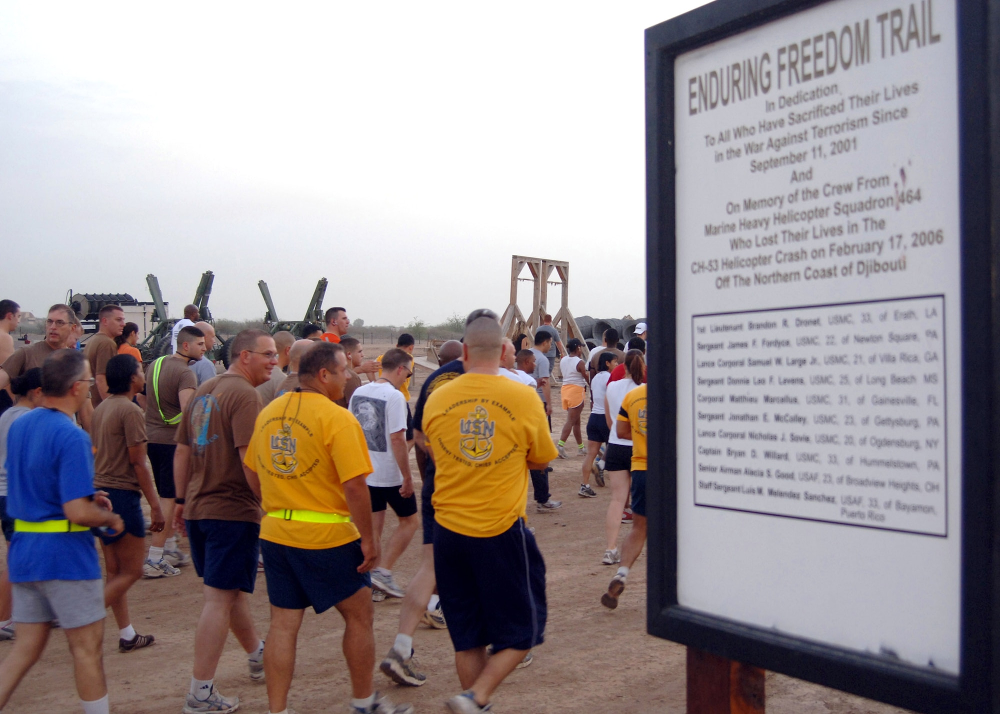 Servicemembers deployed to the Combined Joint Task Force-Horn of Africa participate in an early morning Sept. 11 remembrance 5K run Sept. 11 at Camp Lemonier, Djibouti. The run kicked off a day of events sponsored by Combined Joint Task Force-Horn of Africa 2008 Navy chief selectees. (U.S. Navy photo/Petty Officer 2nd Class Regina L. Brown)
