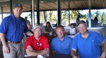 SPOKANE, Wash. – From left, Col. Thomas Sharpy, 92nd Air Refueling Wing commander at Fairchild Air Force Base, Wash.; Dave Cotton, KHQ anchor; Jack Fallis, Global Credit Union president; and Chief Master Sgt. Paul Sikora, 92nd ARW command chief, were the first-place team in the 92nd Air Refueling Wing’s annual Wing Golf Tournament Sept. 10 at the Downriver Golf Course here. About 120 people participated in the tournament. (U.S. Air Force photo/Penny Swanson)