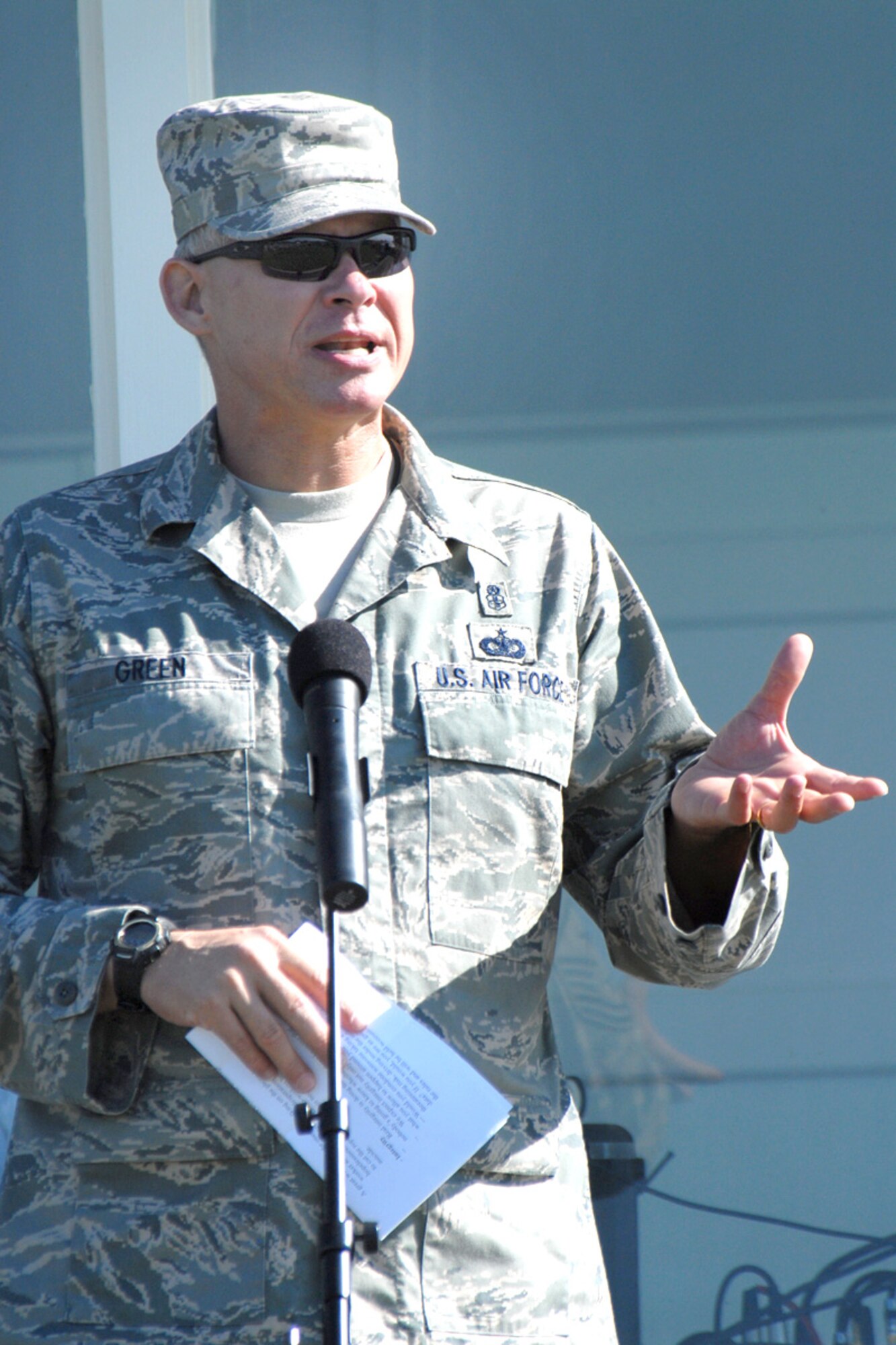 Chief Master Sgt. David Green, 90th Space Wing command chief, starts off Frontiercade with motivational words during the opening ceremonies Aug. 24 (Photo by Shelley Raffl).