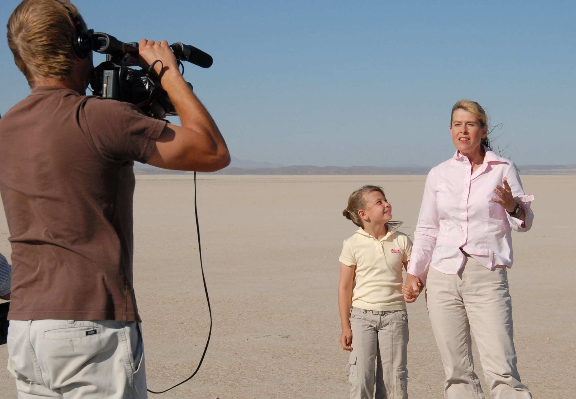 EDWARDS AIR FORCE BASE, Calif. -- Terri and Bindi Irwin visit Edwards on Sept. 6 to film a segment for their television show "Bindi the Jungle Girl." The program airs on the Discovery Kids channel. (Photo by Airman 1st Class Stacy Sanchez)