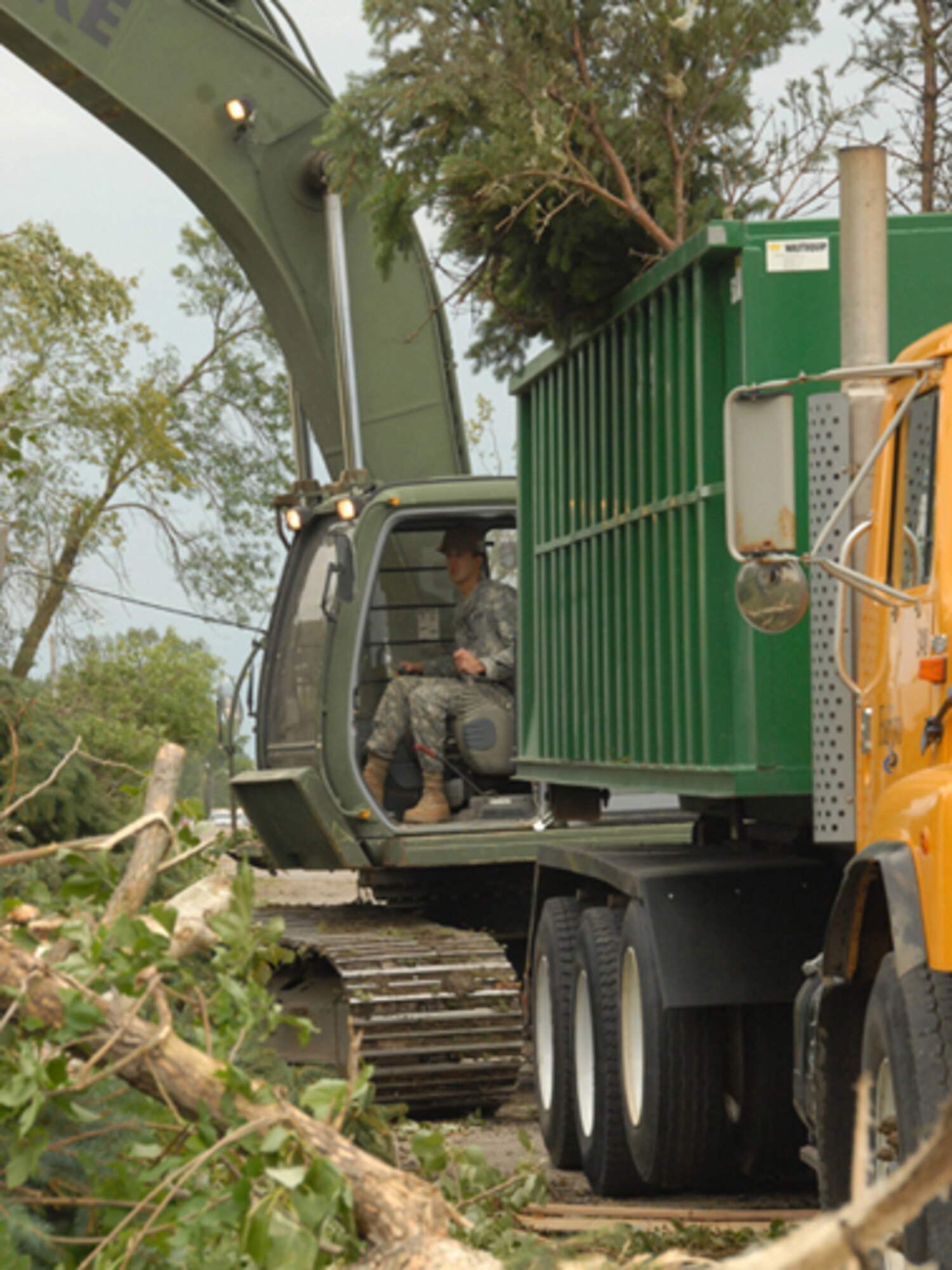 Sergeant Jay E. Haaland, 835th Engineer Team (Asphalt), clears large trees and branches and loads them into a dump truck using a hydraulic excavator in Northwood, N.D., Aug. 28.  The fallen trees are a result of an F4 category tornado that hit Northwood, N.D., in the early evening hours of Sunday, Aug. 26. (USAF photo/Senior Master Sgt. David H. Lipp)