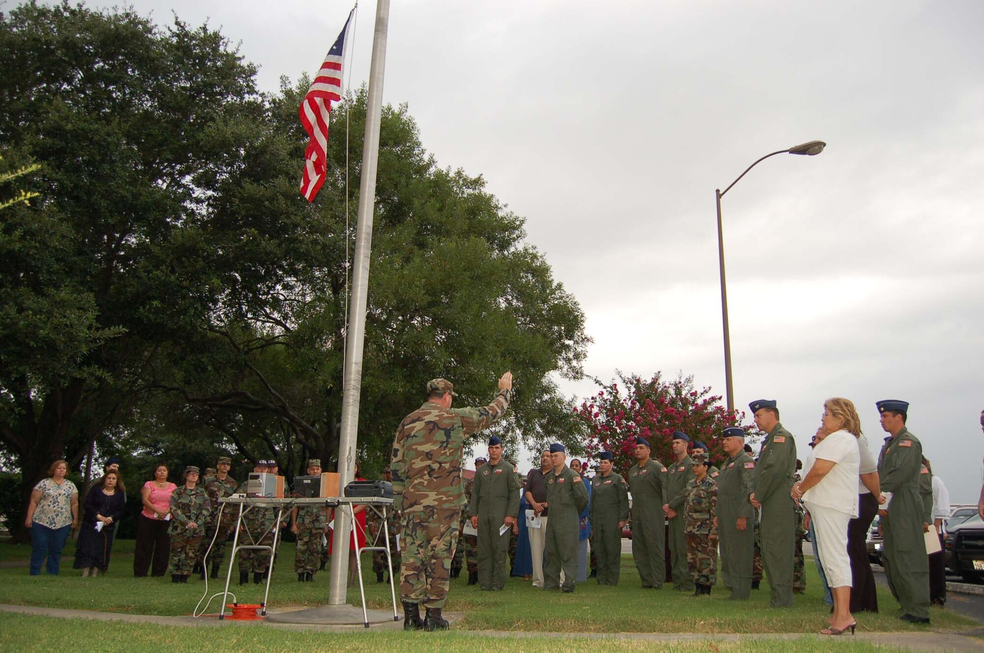 Reservists Remember. Members of the Alamo Wing gathered at 9 A.M. to observe a shared moment of remembrance and silence for the men and women who lost their lives during the worst terror attack on U.S. soil since the attack on Pearl Harbor. Reservists like those in the 433rd Airlift Wing play a vital part in the Global War on Terror. Many missions are Reserve dominated such as, port mortuary affairs, aeromedical evacuation and cargo handling.  Alamo Wing Reservists are currently serving in volunteer positions throughout the U.S. Central Command Area of Responsibility and nearly 100 wing members are currently scheduled to deploy in January of 2008. (U.S. Air Force Photo/Master Sgt. Collen McGee)