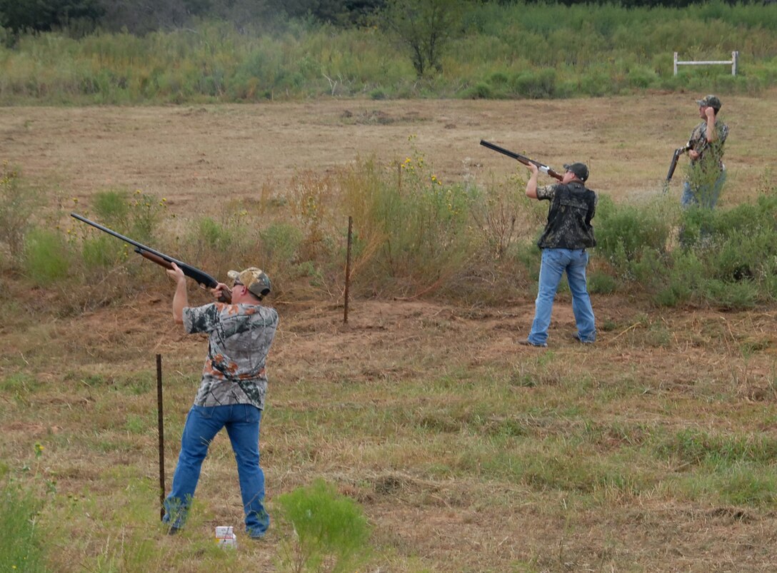 Shooters get ready to fire at clay pigeons Sept. 8 at the 3rd Annual Clay County Dove Hunt Salute to the Military, hosted by the Birdwell-Clark Ranch.  Although the birds might not have been flying, hosts set up teams of five to compete is a friendly competition of sport shooting. The ranch invited active-duty military and guests to participate in the event. (U.S. Air Force photo/Mike Litteken)