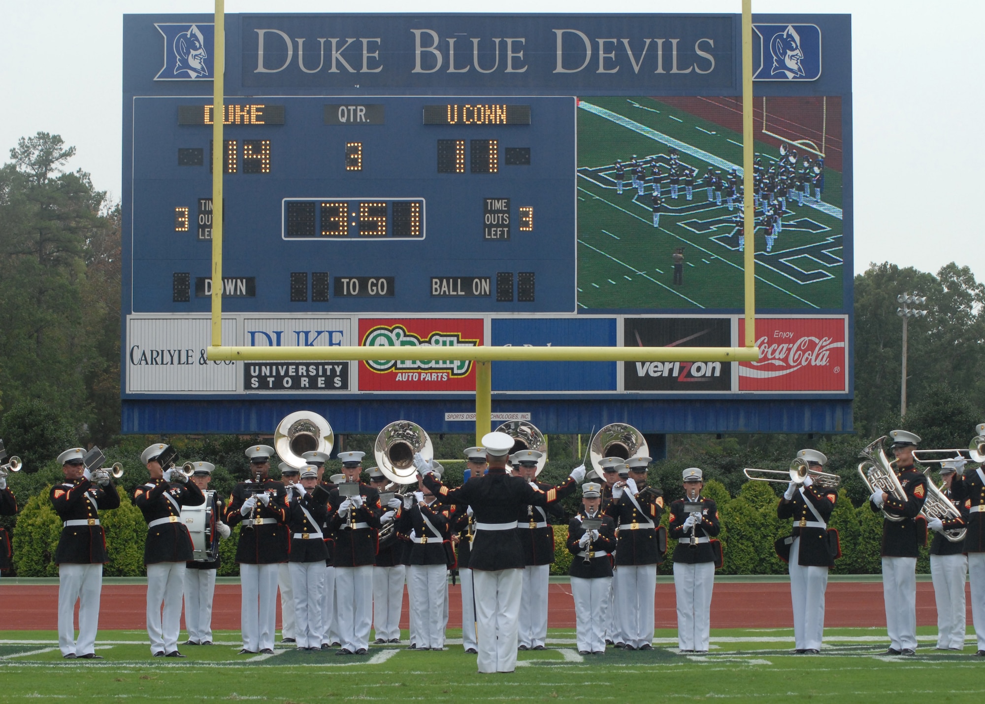 The Marine Band from Marine Corps Recruit Depot Parris Island, S.C. perform during the half time show at the Duke Blue Devils vs Conneticut Huskies college football season opener as part of the Military Appreciation Game Sept. 1 at Wallace Wade Stadium, Durham, N.C. The Marine Band also played the National Anthem before the start of the game. (U.S. Air Force photo/Staff Sgt. Jon LaDue)