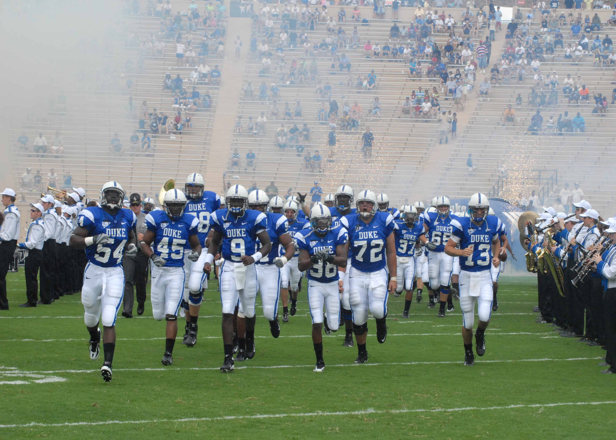 The Duke Blue Devils take the field Sept 1 during their season opener at Wallace Wade Stadium, Durham, N.C. The Duke Athletic Department paid tribute to all branches of the military by offering tickets to active duty, guard, reserve and retired servicemembers.  (U.S. Air Force photo/Staff Sgt. Jon LaDue)