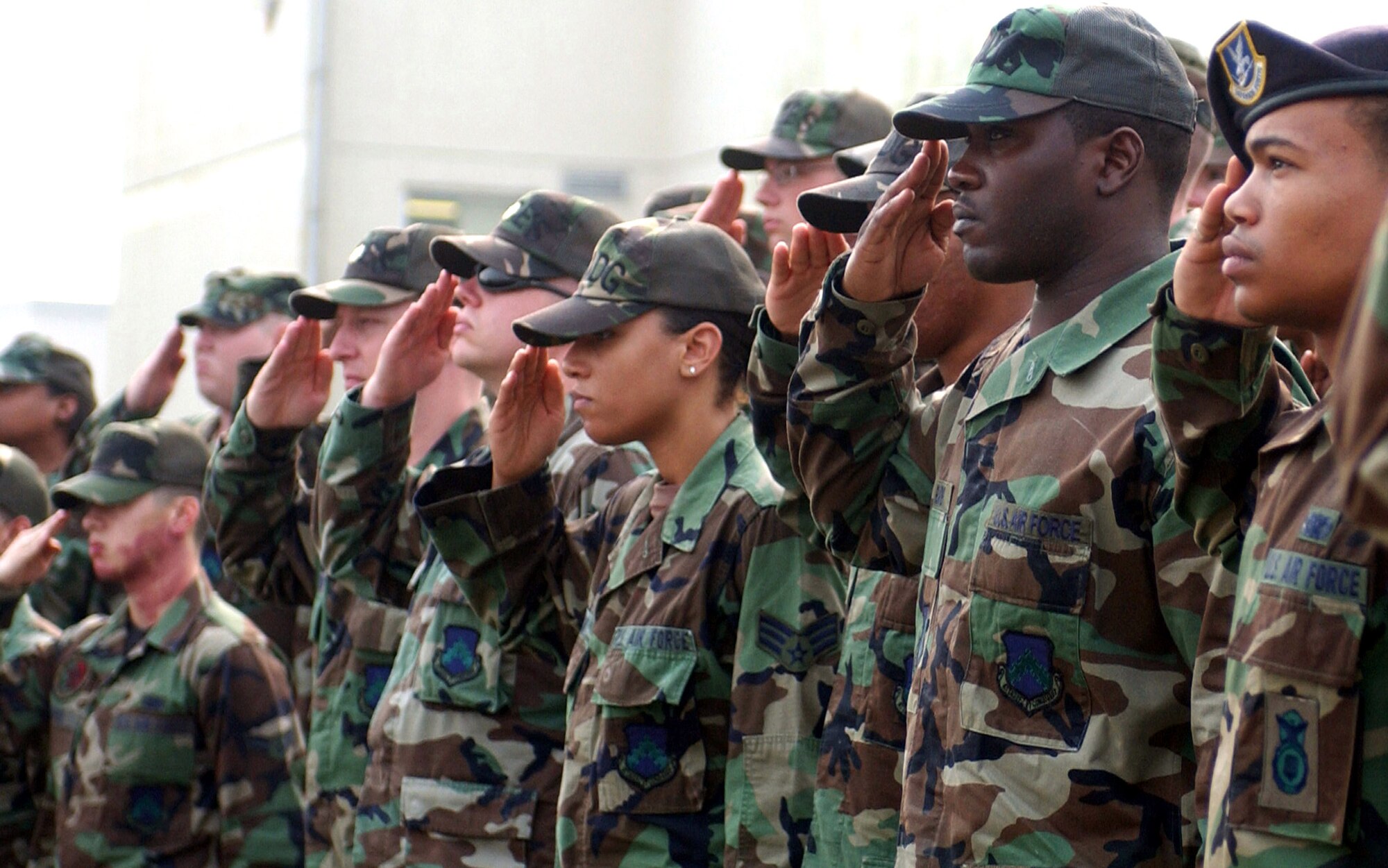 Airmen from the 8th Fighter Wing render salutes for the raising of the U.S. flag during the Sept. 11, 2001, remembrance ceremony Sept. 11 at Kunsan Air Base, South Korea. The ceremony marked the sixth anniversary of the terrorist attacks in New York City, the Pentagon and Shanksville, Pa. (U.S. Air Force photo/Senior Airman Steven R. Doty)

