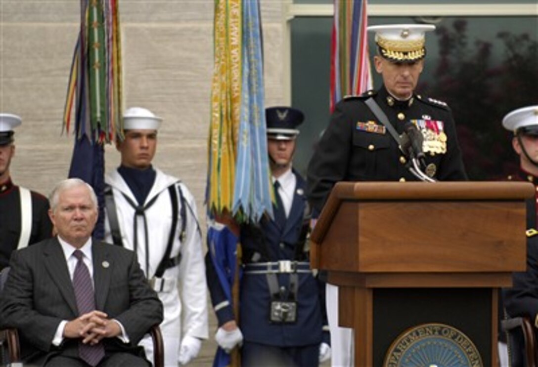 Chairman of the Joint Chiefs of Staff Gen. Peter Pace (right), U.S. Marine Corps, addresses the audience during a ceremony observing the sixth anniversary of the Sept. 11 terrorist attack on the Pentagon on Sept. 11, 2007.  Pace joined Secretary of Defense Robert M. Gates in laying a wreath in memory of the 184 people who lost their lives at the Pentagon in the attack.  