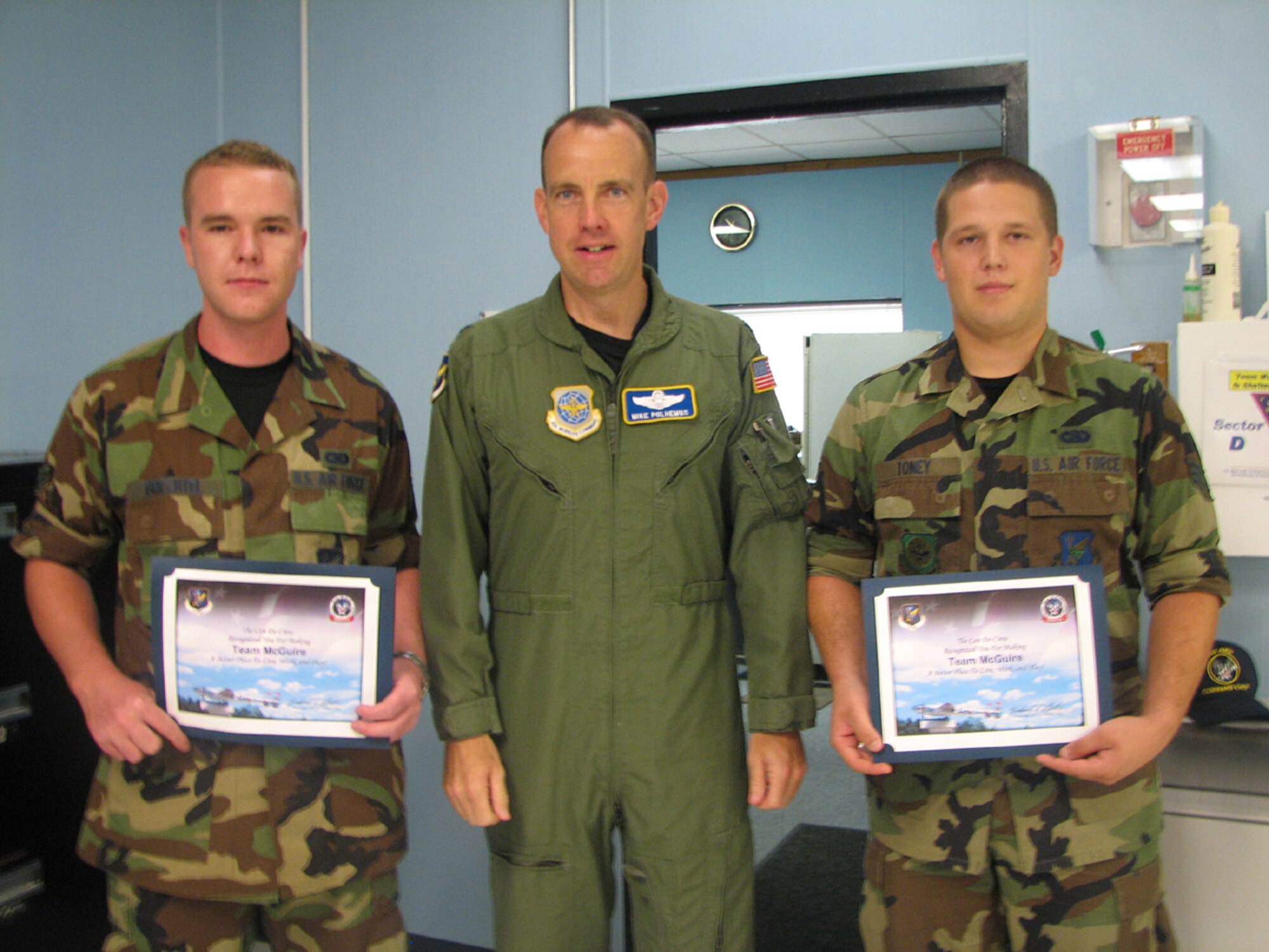 The Can Do Crew would like to recognize Senior Airman Brett Toney and Airman 1st Class Anthony Brechtel of the 305th Communications Squadron. Airman Toney and Airman Brechtel worked together through a Friday night to fix connectivity and account issues with 305th Air Mobility Wing Commander Col. Rick Martin's laptops. They worked until the job was done, making sure that Colonel Martin would be able to connect to his e-mail and the network during his upcoming TDY. Airman Toney voluntarily worked 18 hours straight, and even after he was told he could go home, Airman Toney said that he just wanted to get the job done.

Be aware that the “Can Do Crew” is everywhere, looking for outstanding service. They covertly seek members of Team McGuire who make a difference, identifying and recognizing only the best. Remember, the strongest asset of Team McGuire is its people; you are what makes McGuire a better place to Live, Work and Play!
