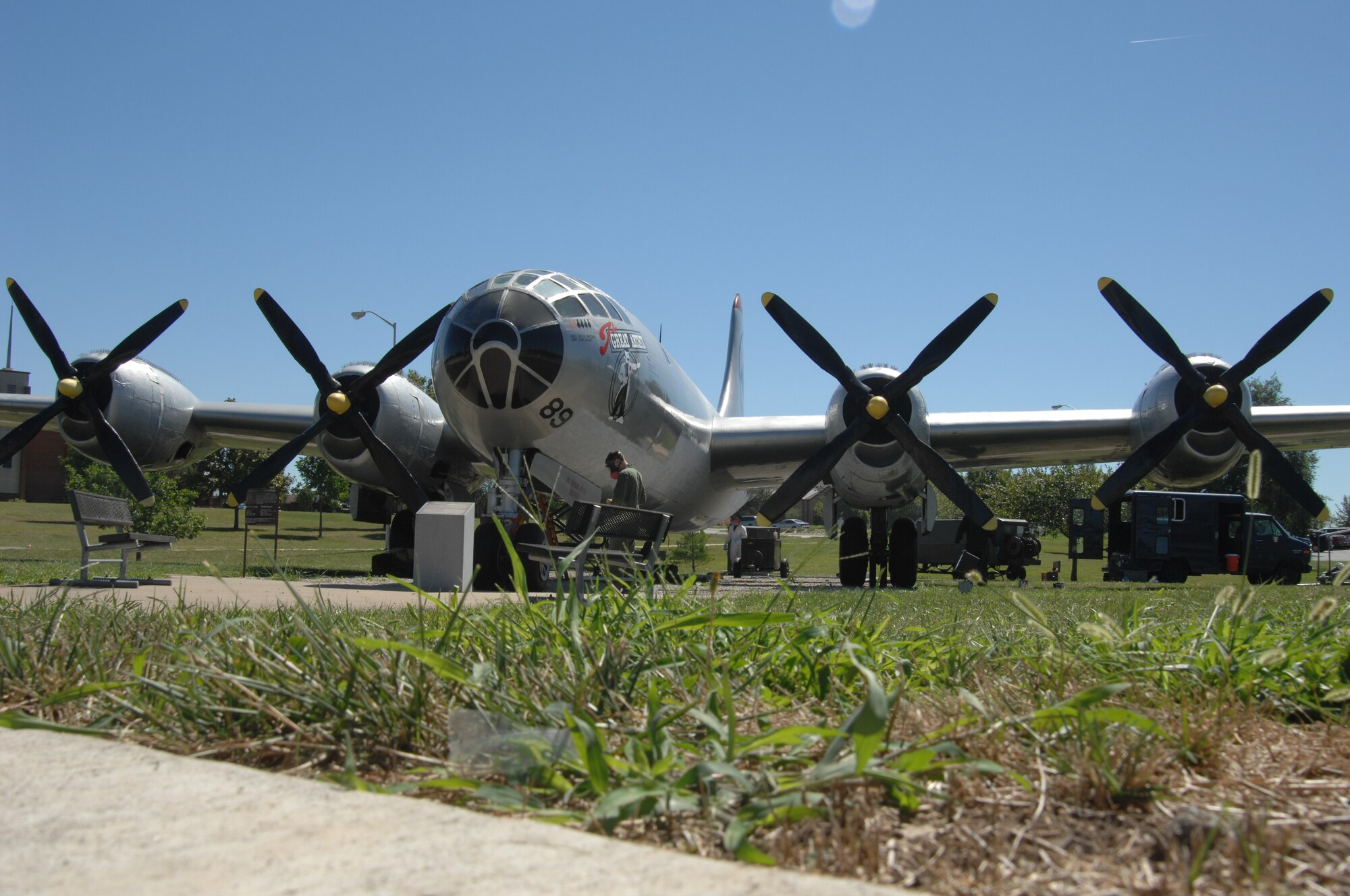 WHITEMAN AIR FORCE BASE, Mo. --  Refurbishments to the B-29 static display at the Spirit Gate are scheduled to be complete Oct. 2. Painting scheduled for Sept. 22-23 will force the closure of the Spirit Gate from 8 a.m. to 8 p.m both days. The B-29 Superfortress, the most advanced bomber to see operational service in World War II, was used in the conventional and low-level night incendiary attacks against Japan. The aircraft was also the world’s first nuclear delivery vehicle with B-29’s from the 509th Composite Group dropping bombs on Hiroshima and Nagasaki. The original “Great Artiste” which this display aircraft commemorates, was the only aircraft to fly on both atomic bomb missions and was later lost during a crash landing at Goose Air Base, Labrador Canada in 1949. During the atomic bomb missions, it was loaded with scientific equipment designed to measure the effects of the atomic attacks. The B-29 on display is actually SB-29, Serial Number 44-61671, but painted and marked to depict B-29, Serial Number 44-27353, assigned to the 393d Bombardment Squadron of the 509th Composite Group in the Pacific Theater during 1945. (U.S. Air Force photo/Tech. Sgt. Samuel A. Park)