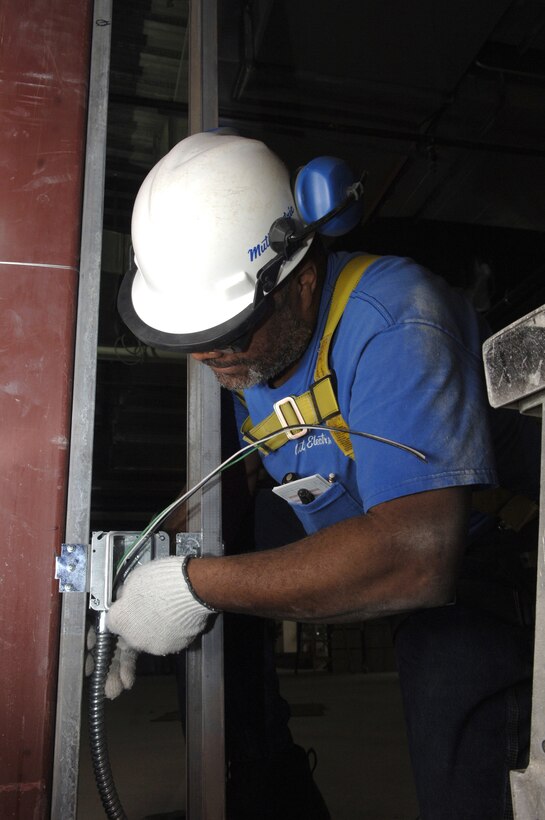 Anthony Maddox, civilian contractor at Ellsworth Air Force Base, S.D., prepares to install voltage duplex outlets April 2 during the construction of the new Air Force Financial Services Center. The AFFSC will consolidate financial services from 93 bases into a single location, employing up to 775 civilian and military personnel, making the AFFSC at Ellsworth the financial hub of the Air Force. (U.S. Air Force Photo/Airman 1st Class Erica Rebardi)