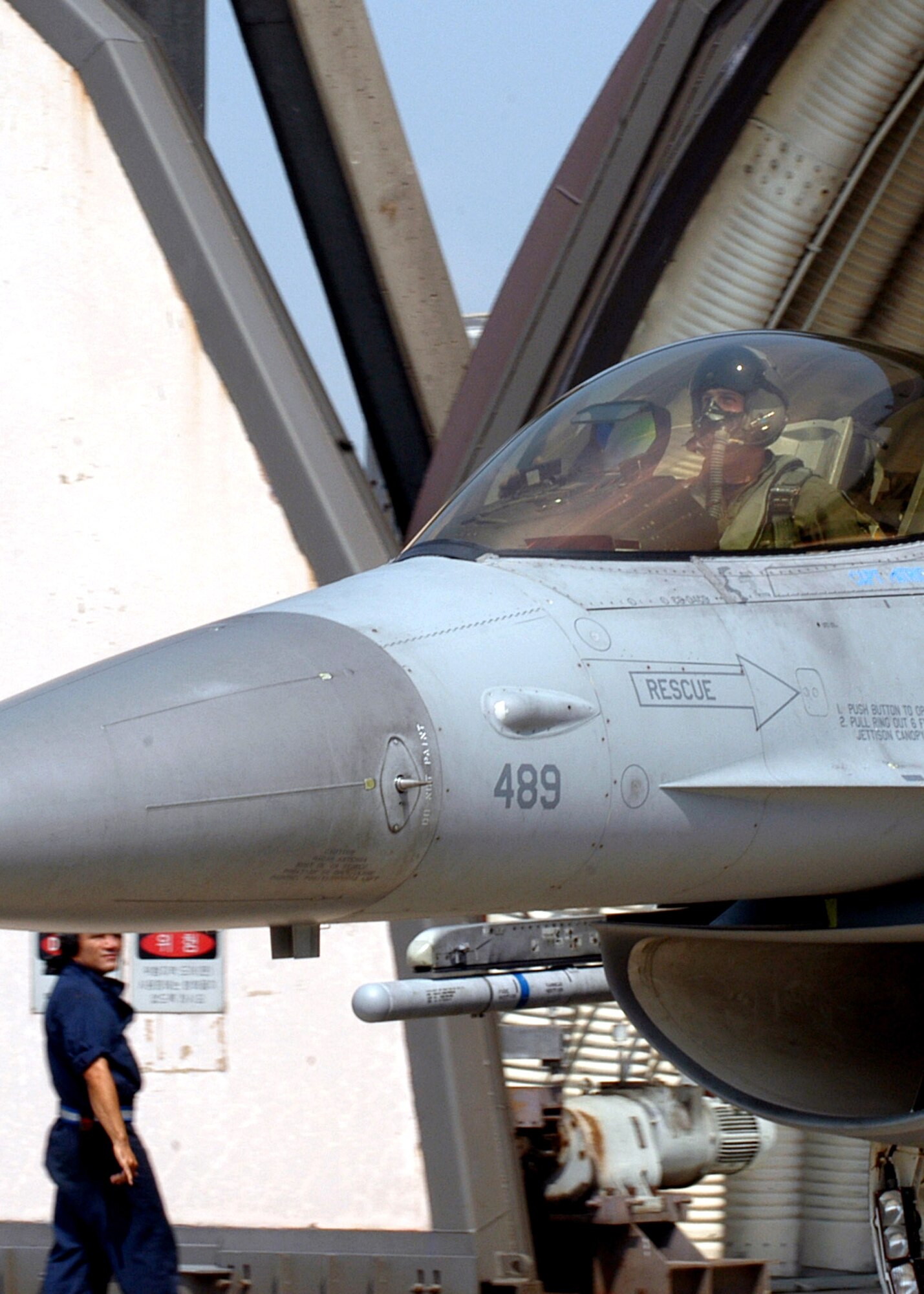 Capt. Dave Anderson taxis onto the runway Sept 10 at Kunsan Air Base, South Korea. Captain Anderson recently received the Distinguished flying cross for his actions in support of Operation Iraqi Freedom. Captain Anderson is a 35th Fighter Squadron flight commander. (U.S. Air Force photo/Staff Sgt. Araceli Alarcon)                                                                