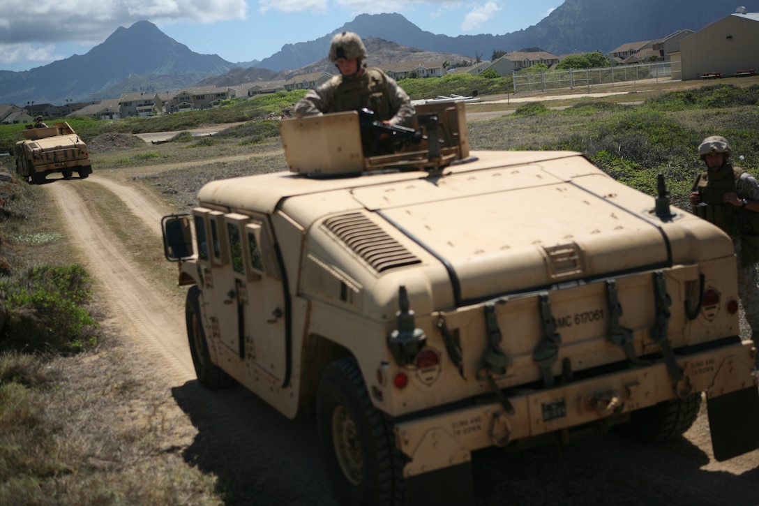 Marines practice mounted training Wednesday, to help prepare their new Marines for patrols in Iraq. They are searching for improvised explosive devices while in a convoy.