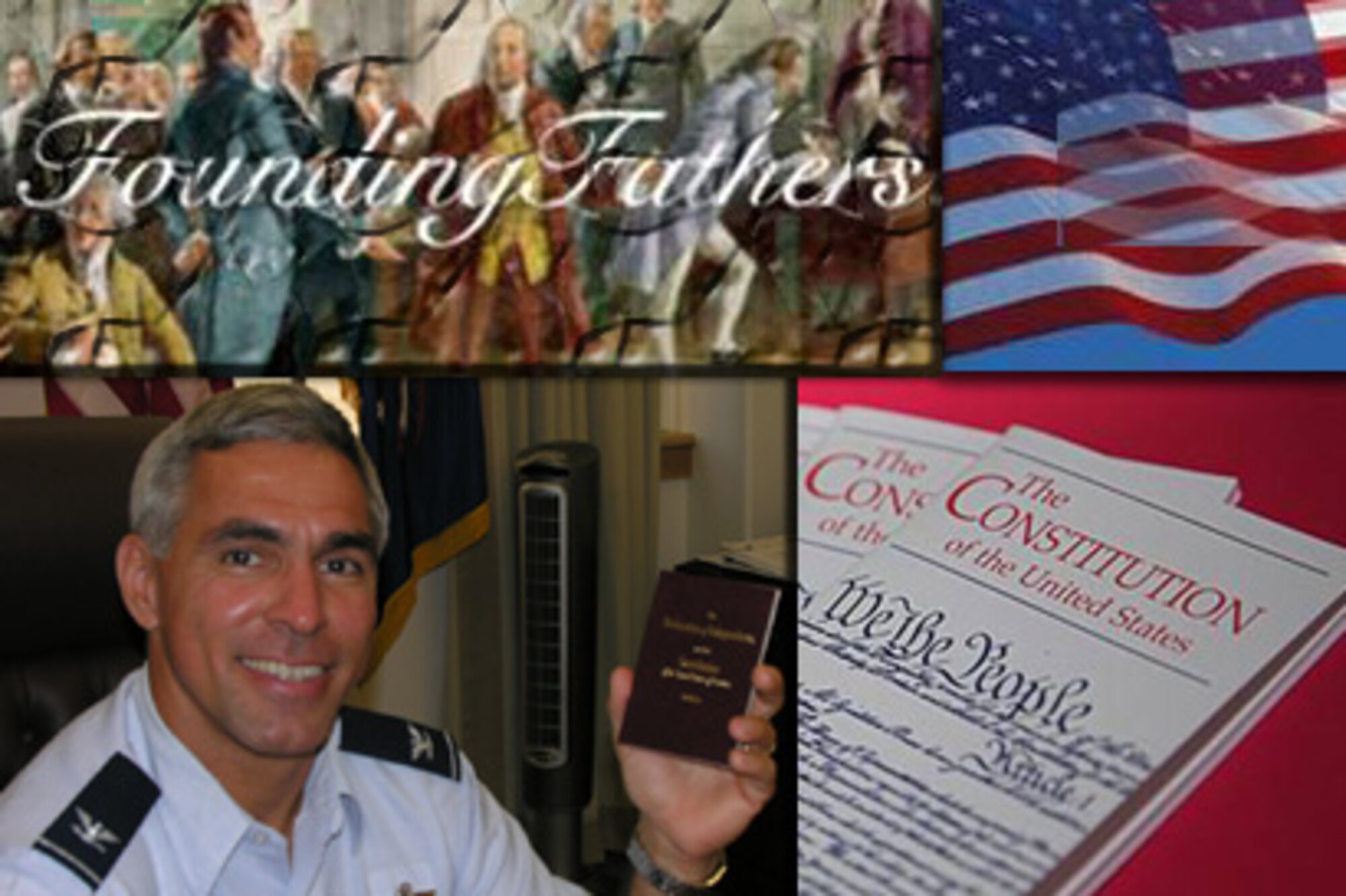 Col JJ Torres, 15th Airlift Wing Commander, shows off a copy of the U.S. Constitution he keeps near him at all times.  Illustrated by Jackie Hites