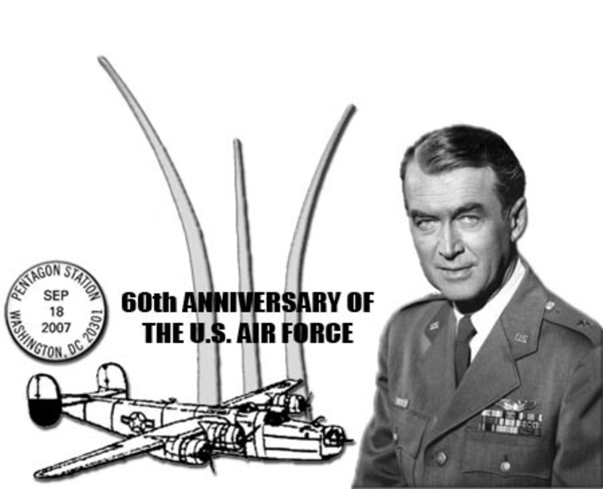 The U.S. Postal Service will commemorate the Air Force's 60th Anniversary with a special postmark Sept. 18 to Oct. 18. The post office also offers a special edition postage stamp honoring Brig. Gen. James "Jimmy" Stewart, a World War II pilot and Hollywood actor. (U.S. Air Force graphic/Master Sgt. Franz Ramsey)