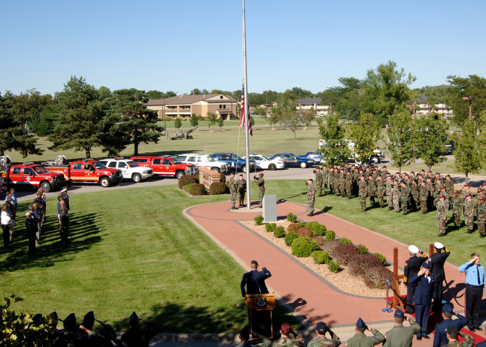 First responders from McConnell, Sedgwick County, Wichita and Andover participate in a Patriot Day ceremony Sept 11. Patriot Day is to remember the first responders and victims who lost their lives during the attacks on Sept. 11, 2001. (Photo by Airman 1st Class Roy Lynch) 