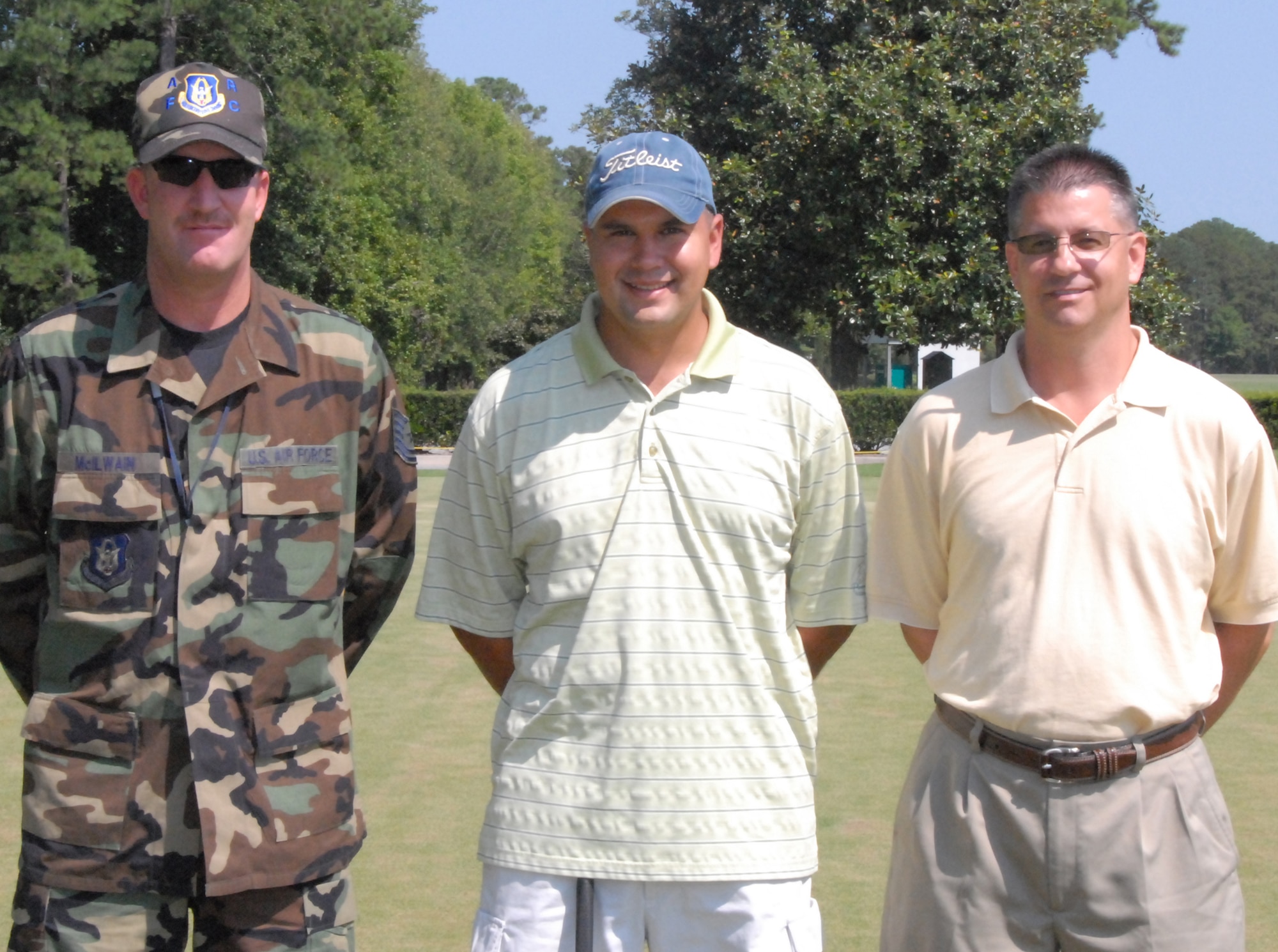 Tech. Sgt. Chris McIlwain, Staff Sergeant Mike Membrila and Master Sgt. Mark Schwab were selected to participate in the Air Force golf training camp Sept. 16-19 at Shaw Air Force Base, S.C.. The top six golfers at the camp will play for the Air Force team. U. S. Air Force photo by Kendahl Johnson