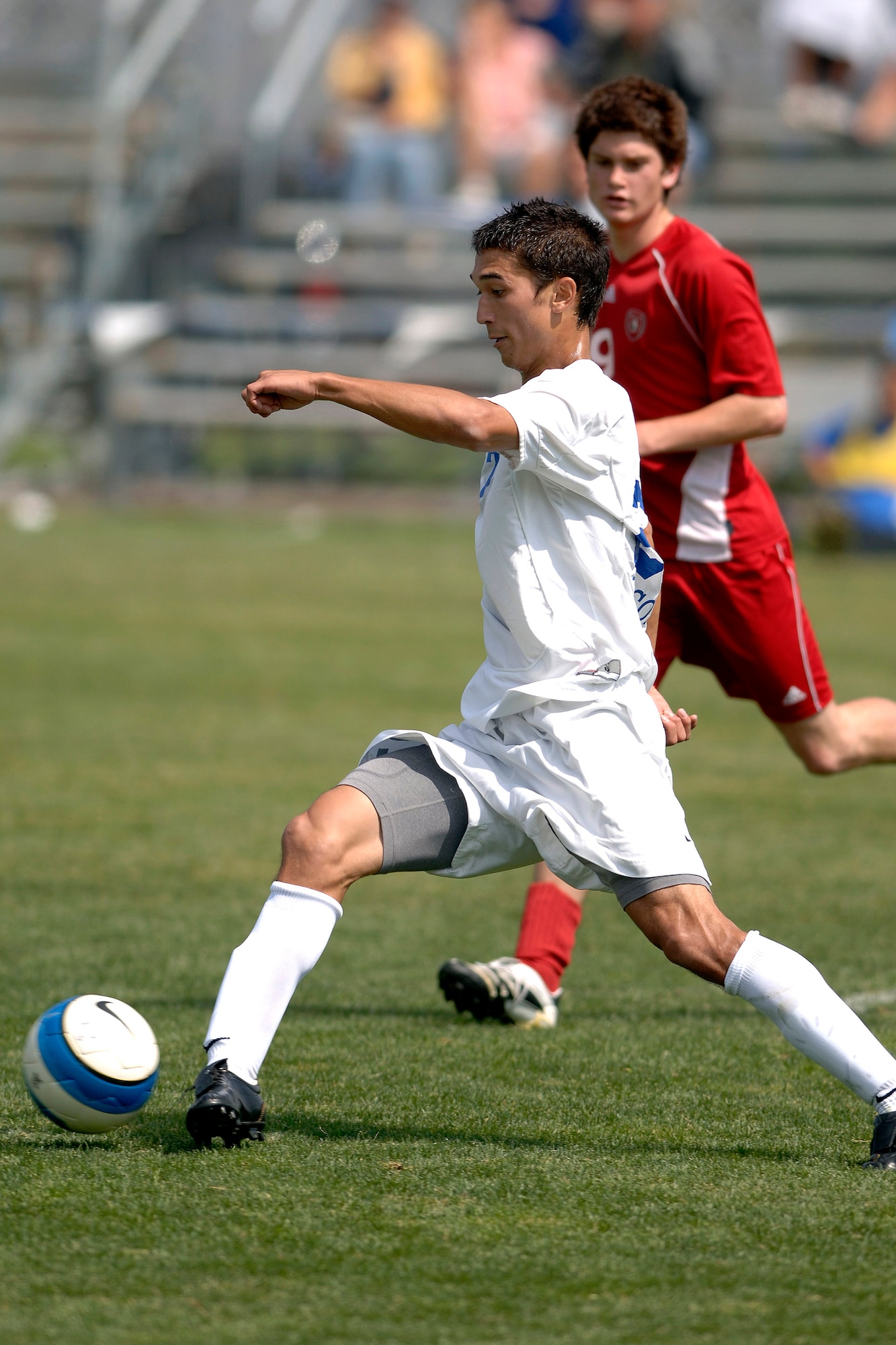 Senior Jason Bellville moves the ball as Air Force posts its second consecutive shutout with a 1-0 victory over St. Francis University Sept. 9 at the U.S. Air Force Academy Cadet Soccer Stadium in Colorado Springs, Colo. With the victory, Air Force improved to 2-2 this season, while St. Francis fell to 1-3. (U.S. Air Force photo/Mike Kaplan)