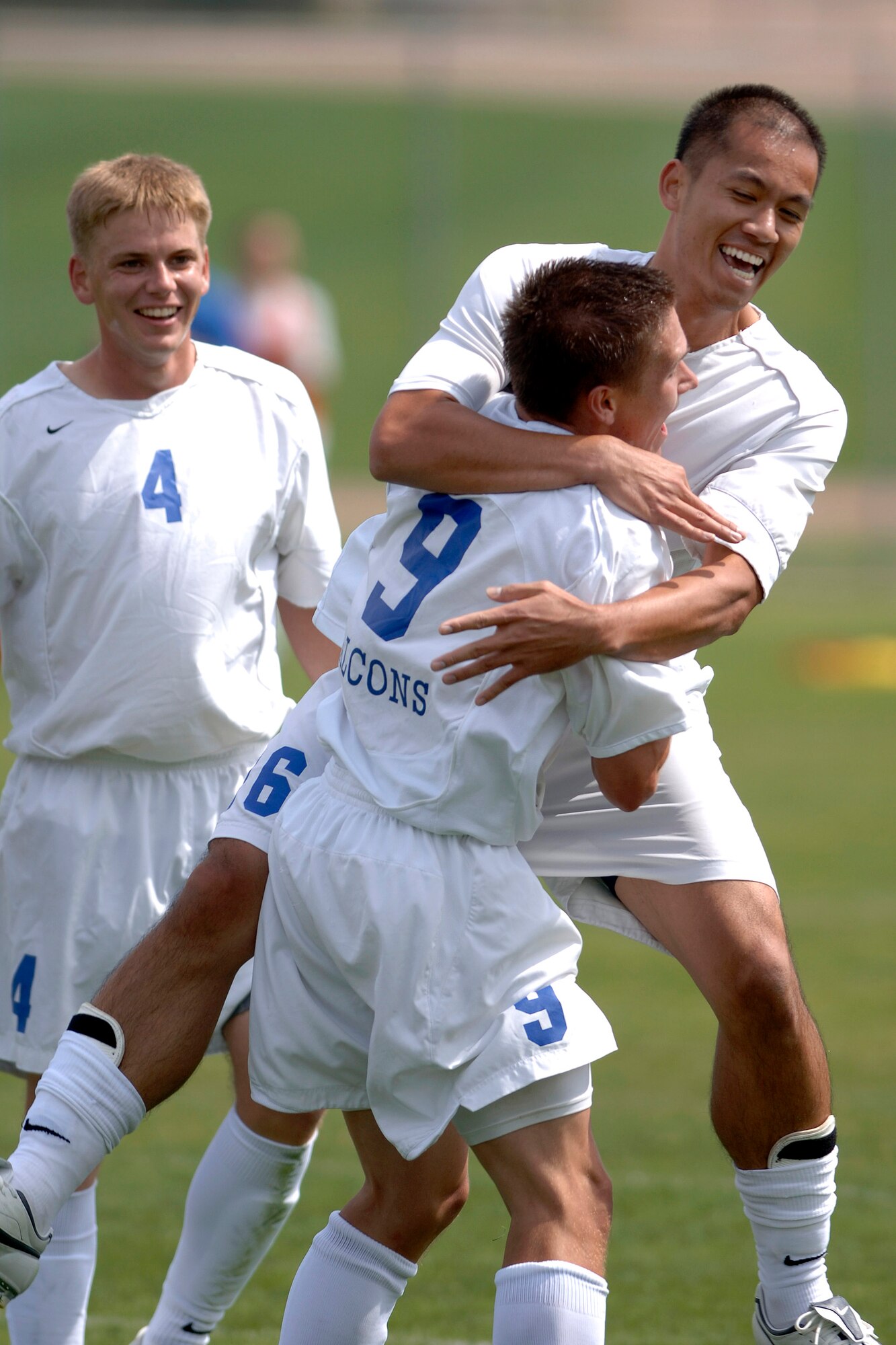 Freshman Kyle Schafer (9) celebrates after his first career goal as Air Force posts its second consecutive shutout with a 1-0 victory over St. Francis University in men's soccer action Sept. 9 at the U.S. Air Force Academy Cadet Soccer Stadium in Colorado Springs, Colo. With the victory, Air Force improved to 2-2 this season, while St. Francis fell to 1-3. (U.S. Air Force photo/Mike Kaplan)