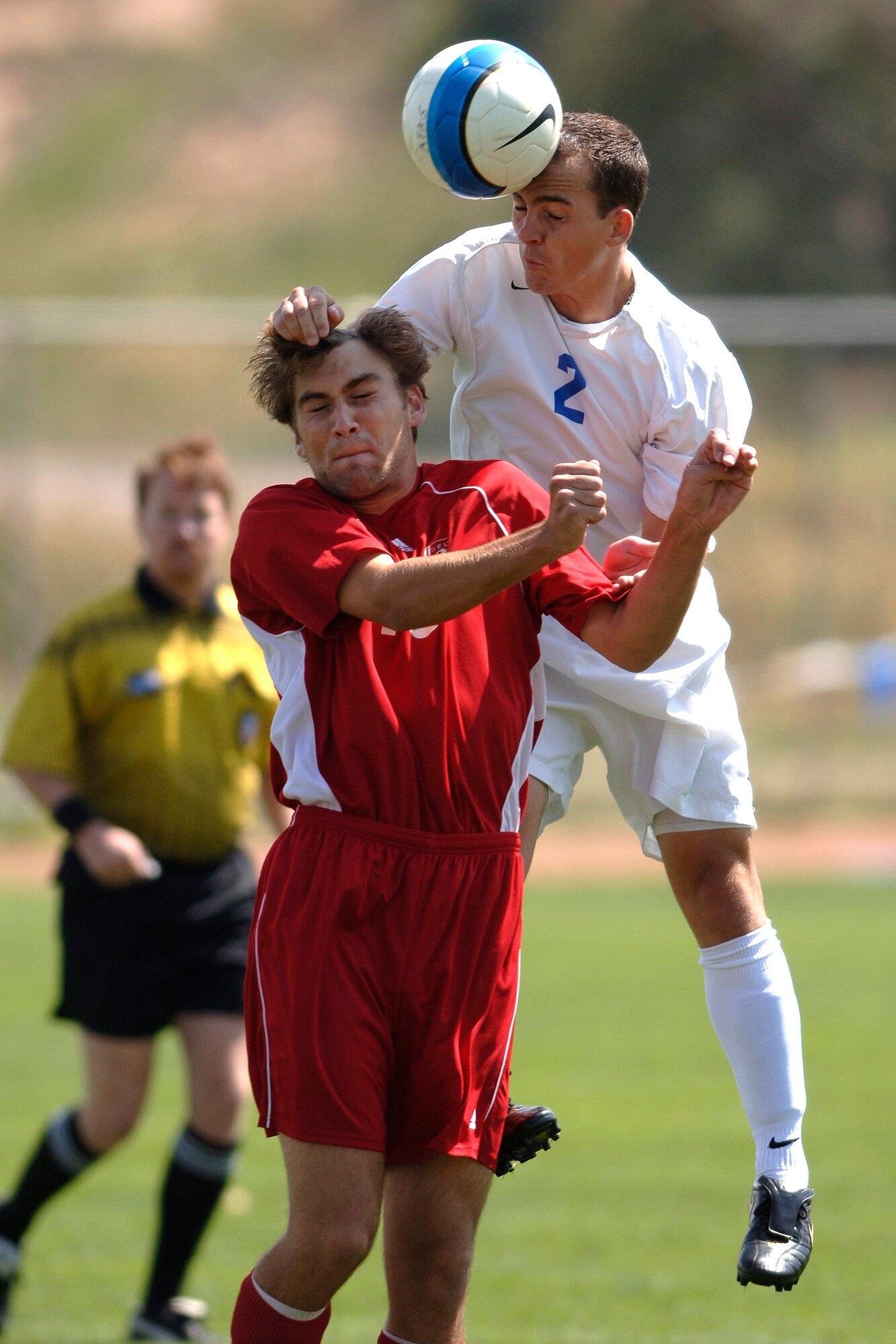 Senior Andy Nigro has the upper hand as he heads the ball. Air Force posted its second consecutive shutout with a 1-0 victory over St. Francis University in men's soccer action Sept. 9 at the U.S. Air Force Academy Cadet Soccer Stadium in Colorado Springs, Colo. With the victory, Air Force improved to 2-2 this season, while St. Francis fell to 1-3. (U.S. Air Force photo/Mike Kaplan)